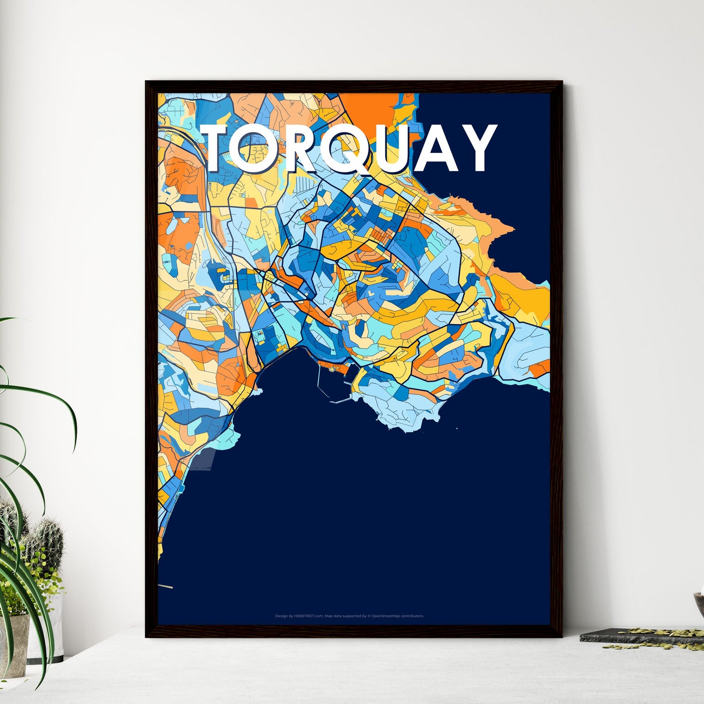 TORQUAY ENGLAND Vibrant Colorful Art Map Poster Blue Orange