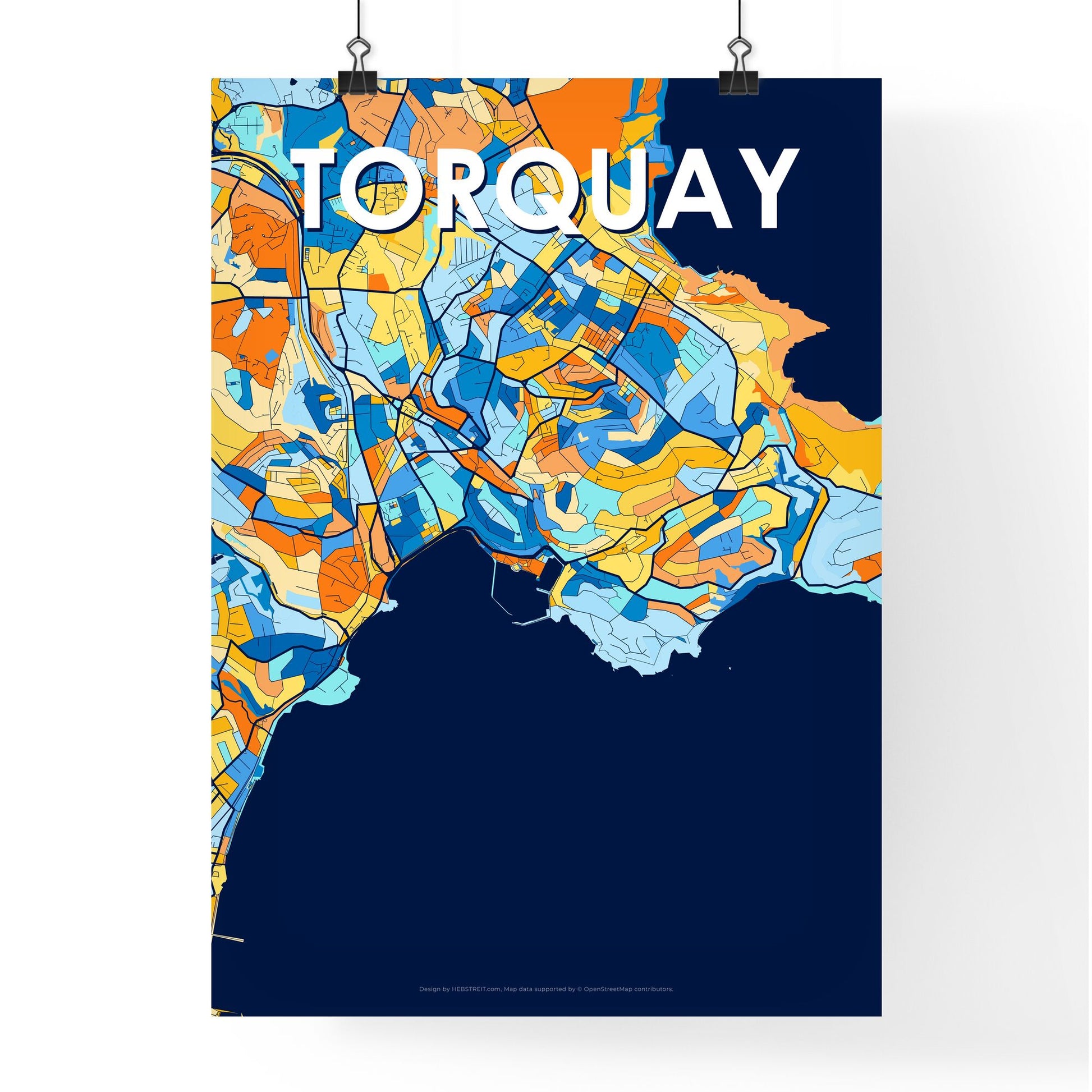 TORQUAY ENGLAND Vibrant Colorful Art Map Poster Blue Orange