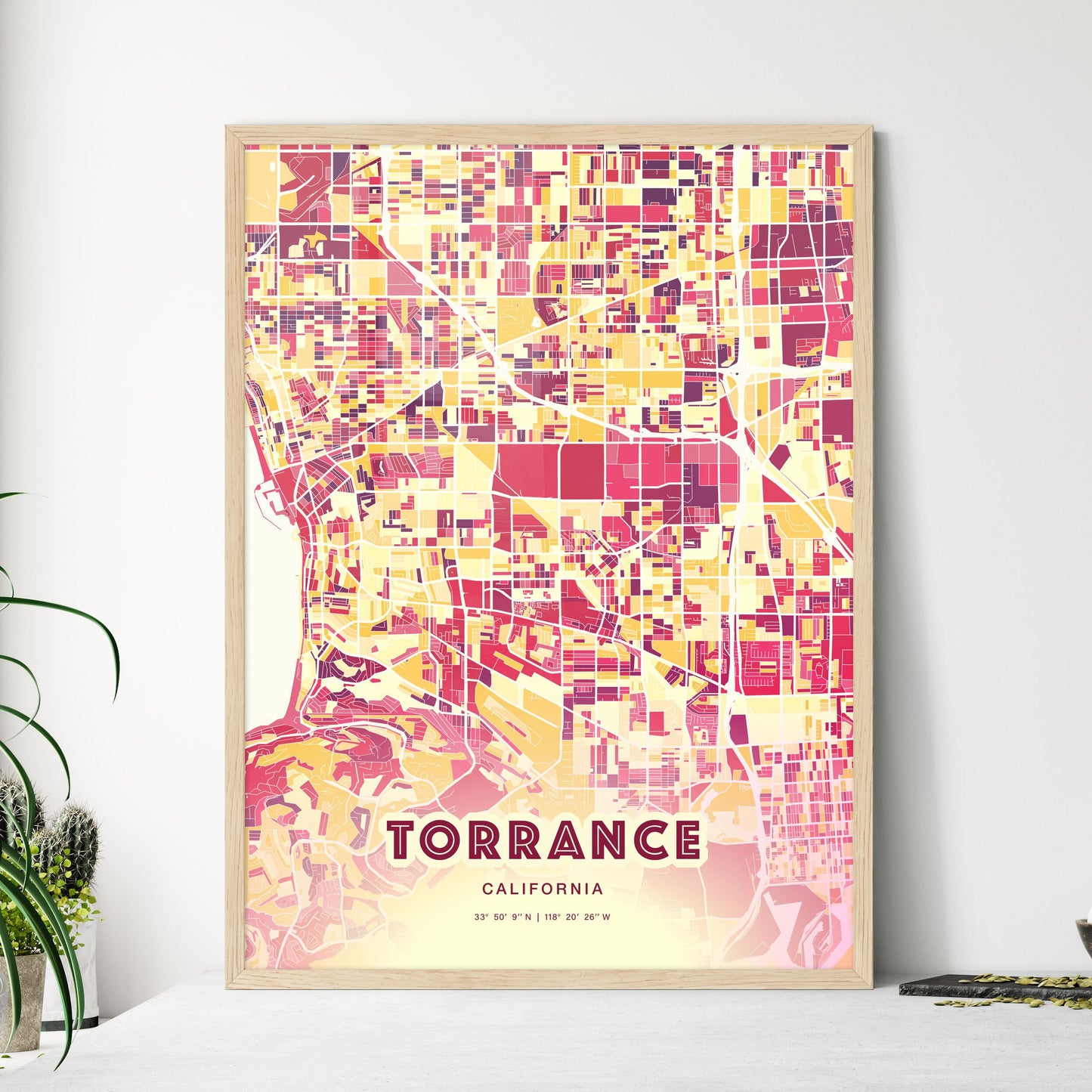 Colorful Torrance California Fine Art Map Hot Red