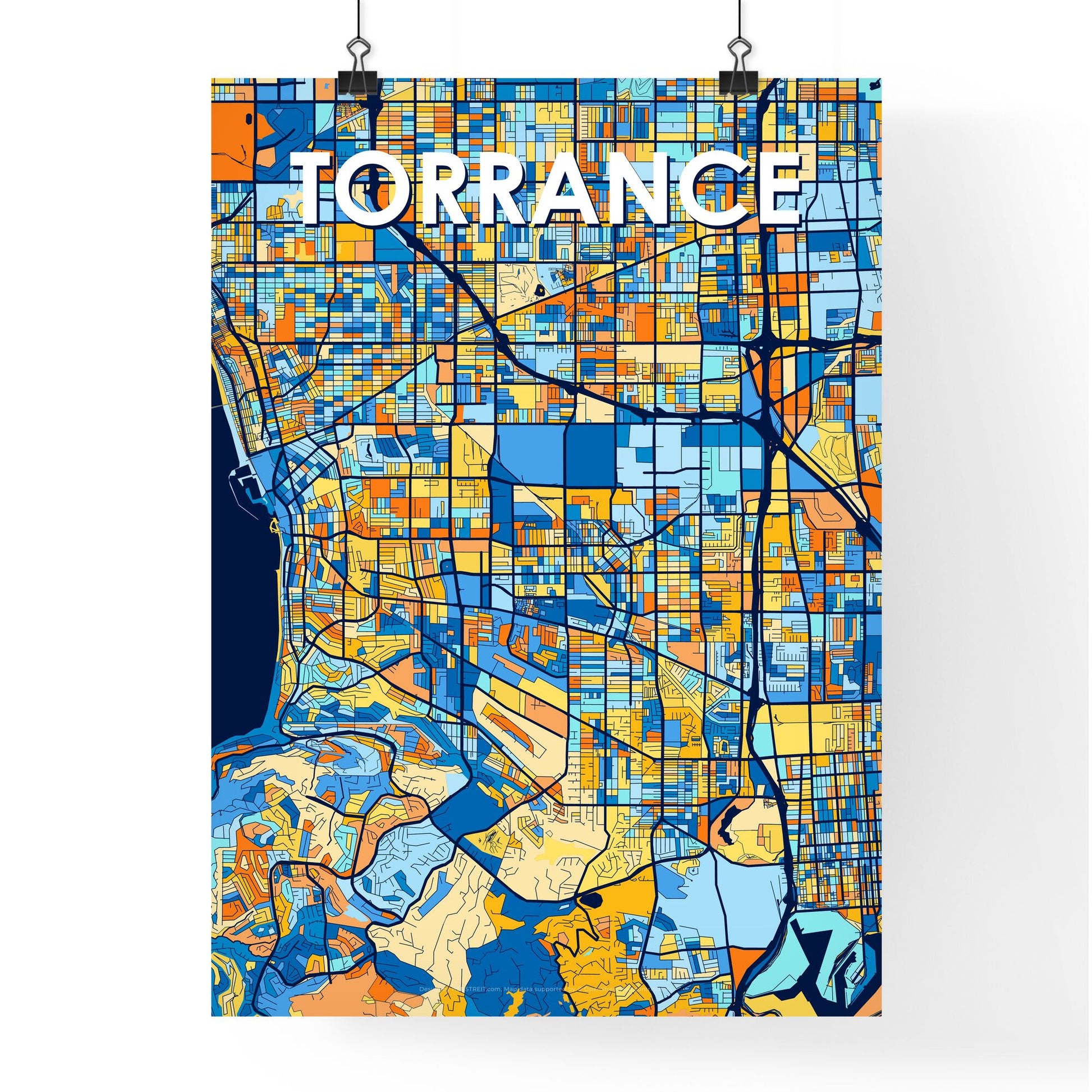 TORRANCE CALIFORNIA Vibrant Colorful Art Map Poster Blue Orange