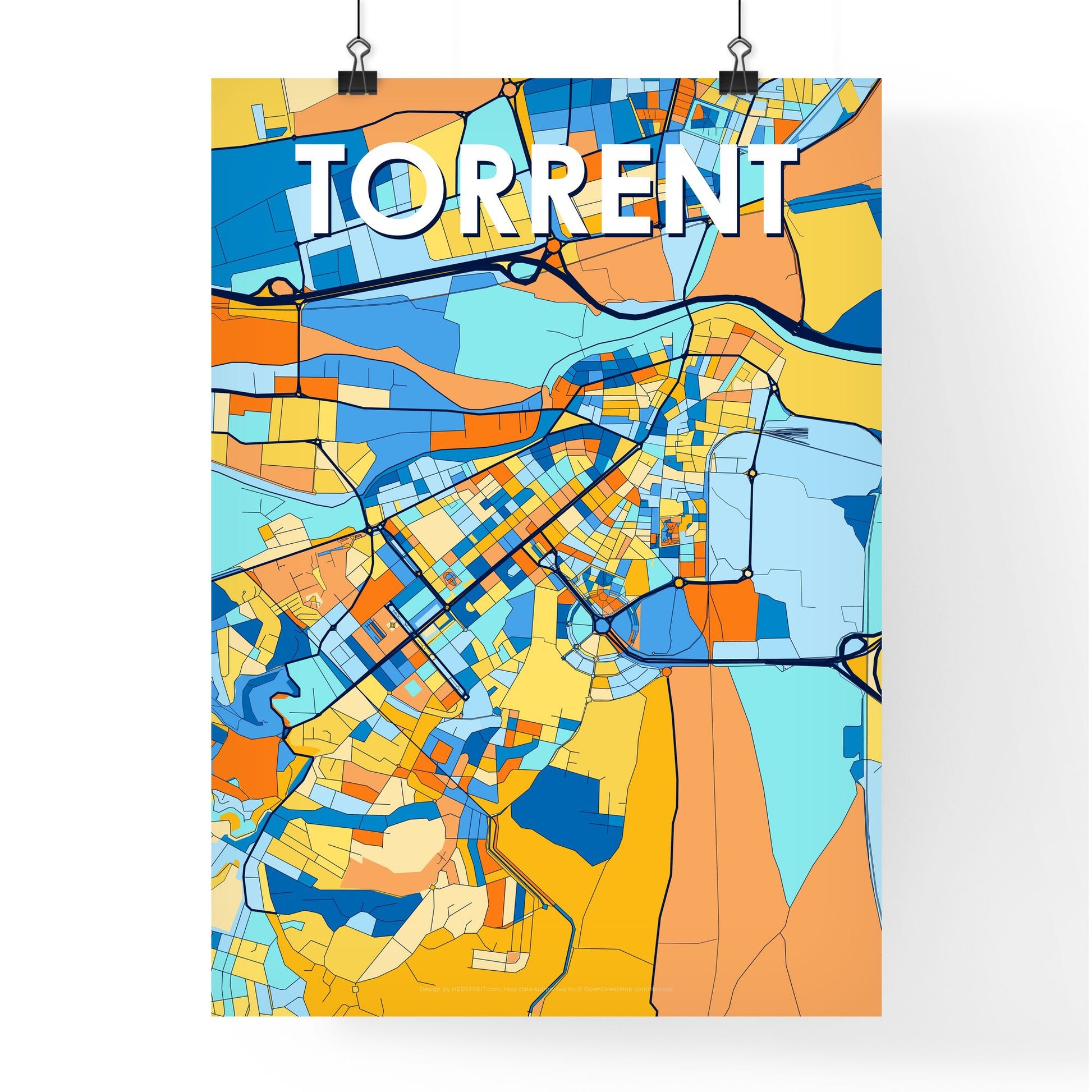 TORRENT SPAIN Vibrant Colorful Art Map Poster Blue Orange