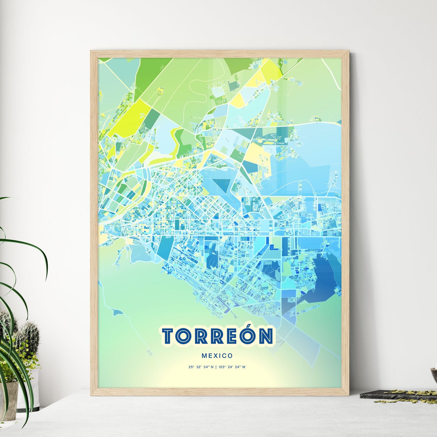 Colorful Torreón Mexico Fine Art Map Cool Blue