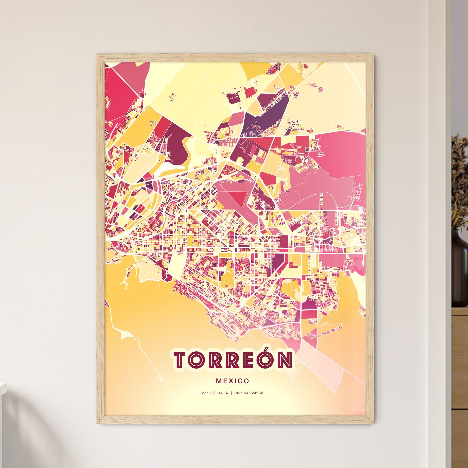 Colorful Torreón Mexico Fine Art Map Hot Red