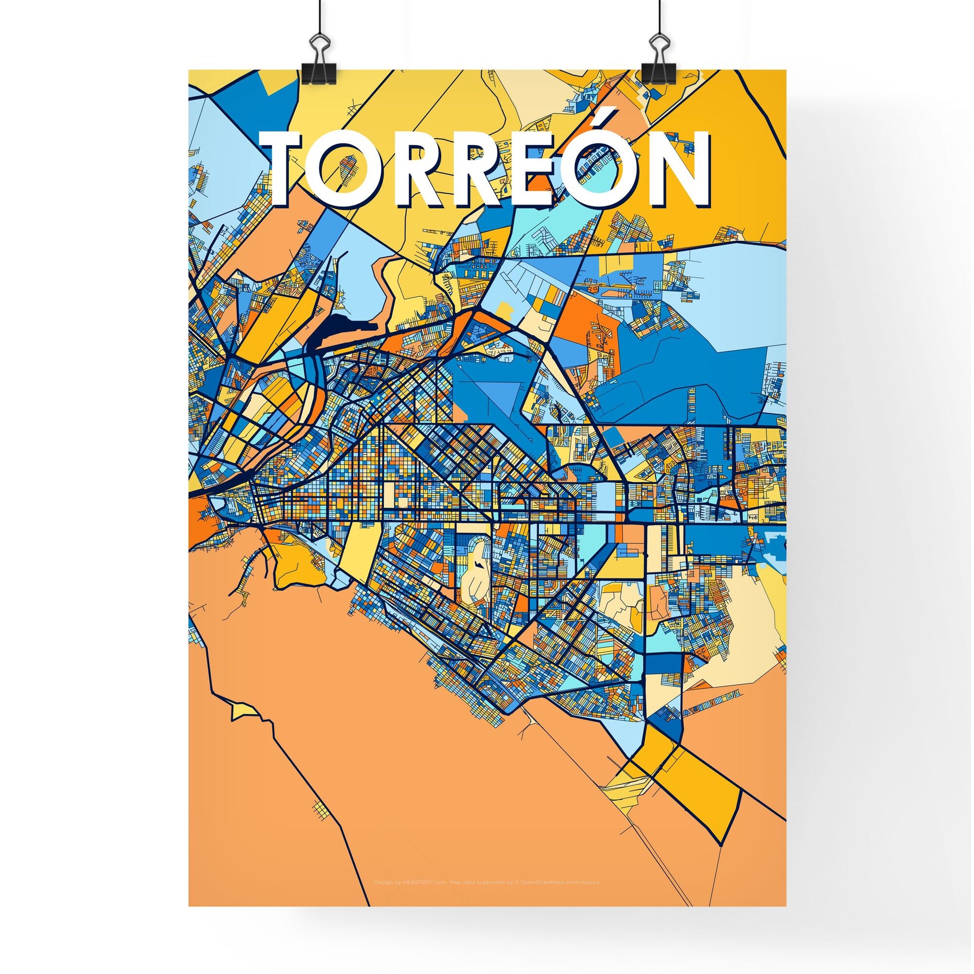 TORREÓN MEXICO Vibrant Colorful Art Map Poster Blue Orange