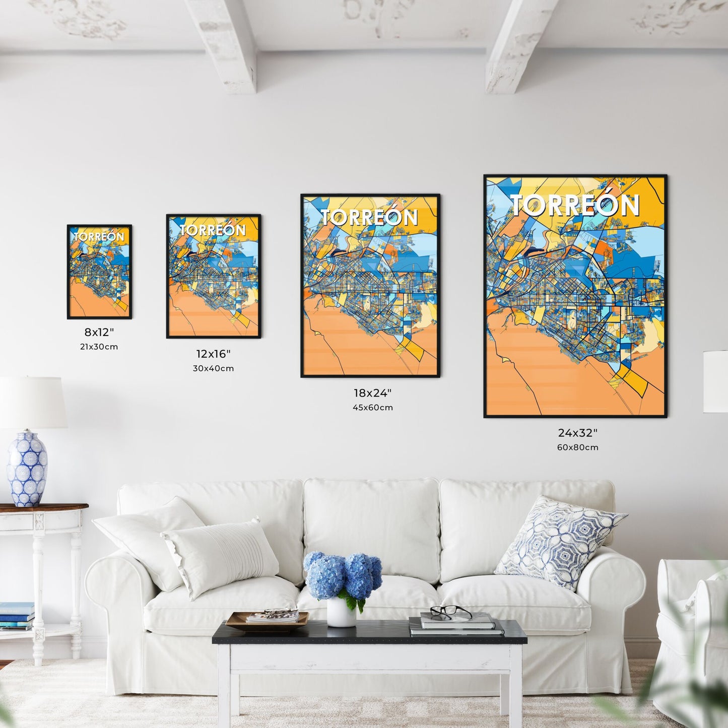 TORREÓN MEXICO Vibrant Colorful Art Map Poster Blue Orange