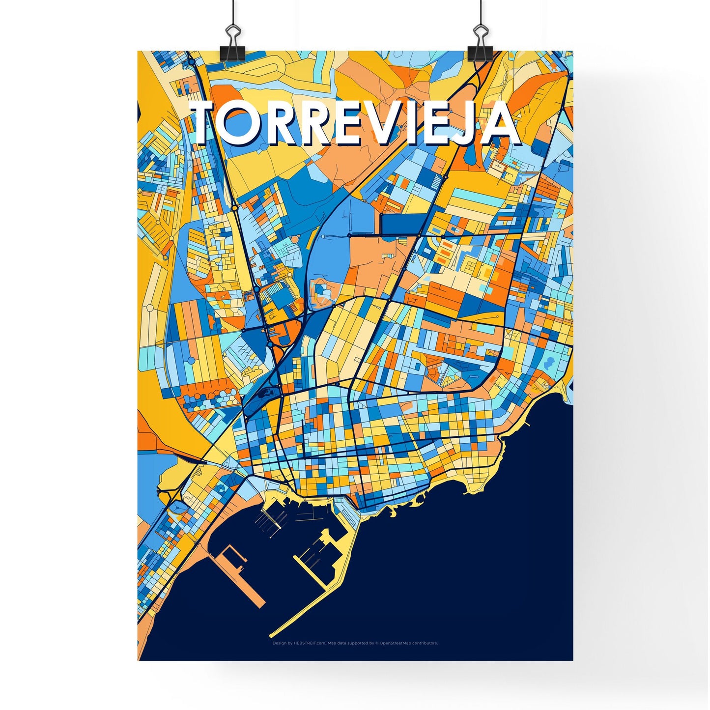 TORREVIEJA SPAIN Vibrant Colorful Art Map Poster Blue Orange