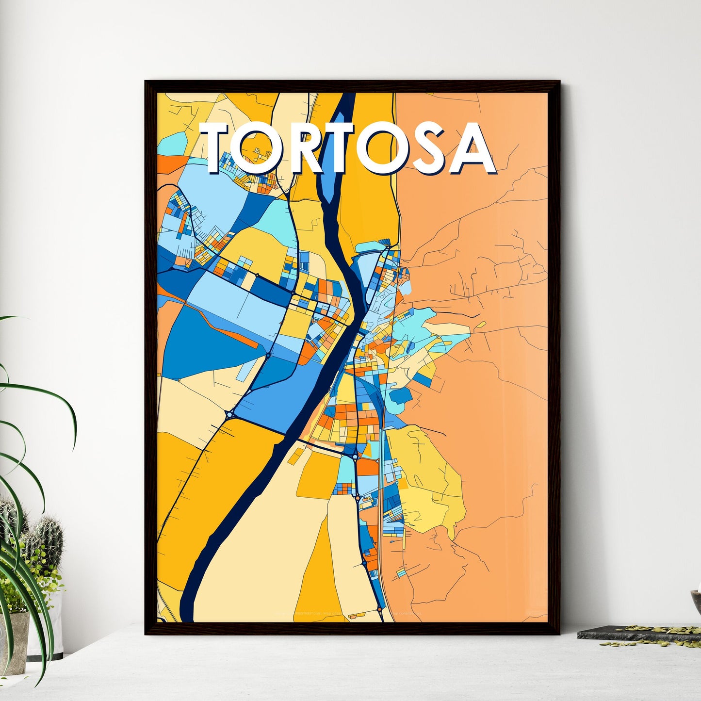 TORTOSA SPAIN Vibrant Colorful Art Map Poster Blue Orange