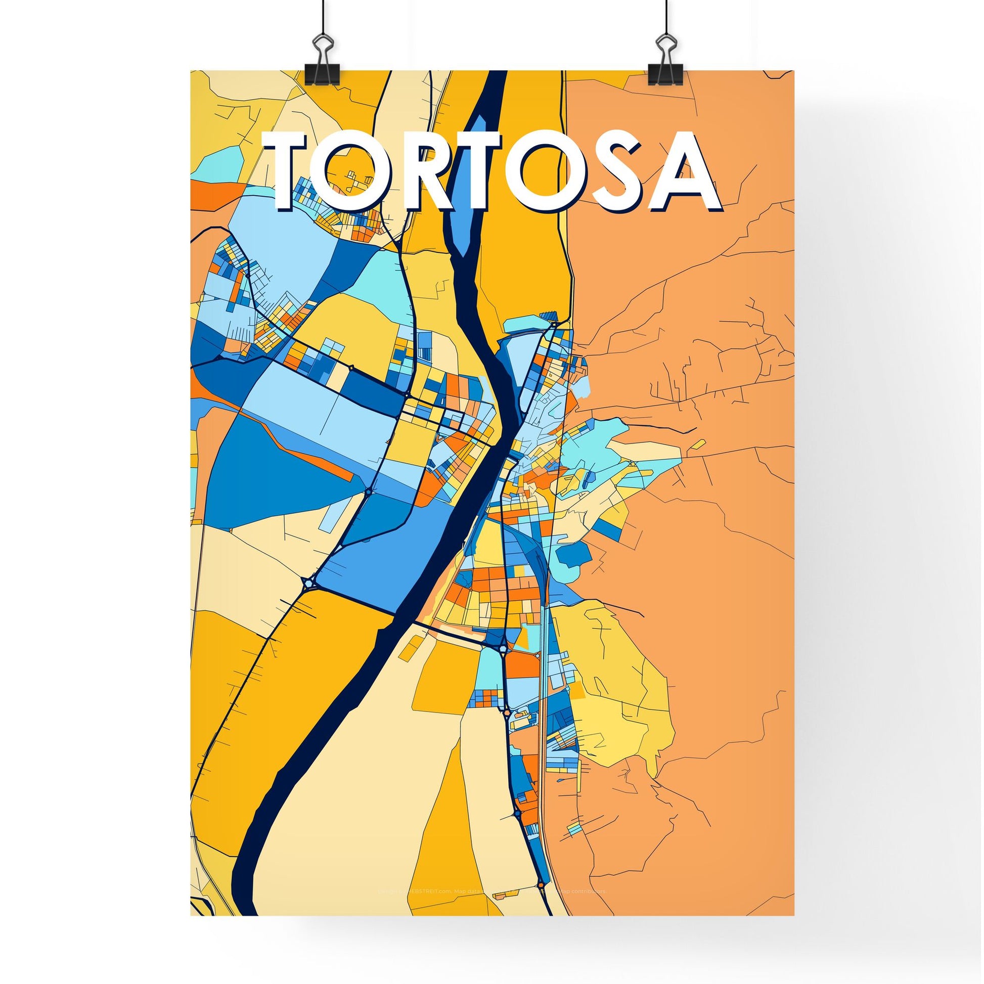 TORTOSA SPAIN Vibrant Colorful Art Map Poster Blue Orange