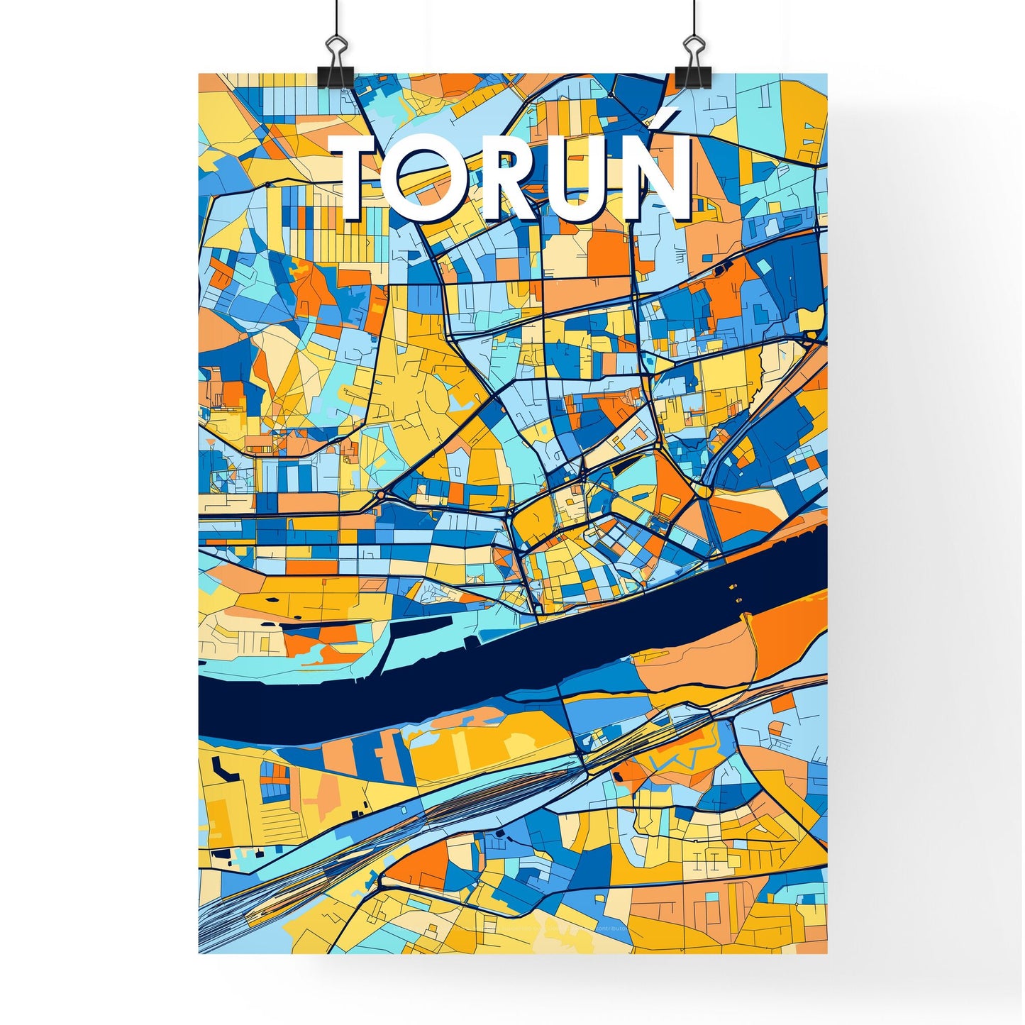 TORUŃ POLAND Vibrant Colorful Art Map Poster Blue Orange