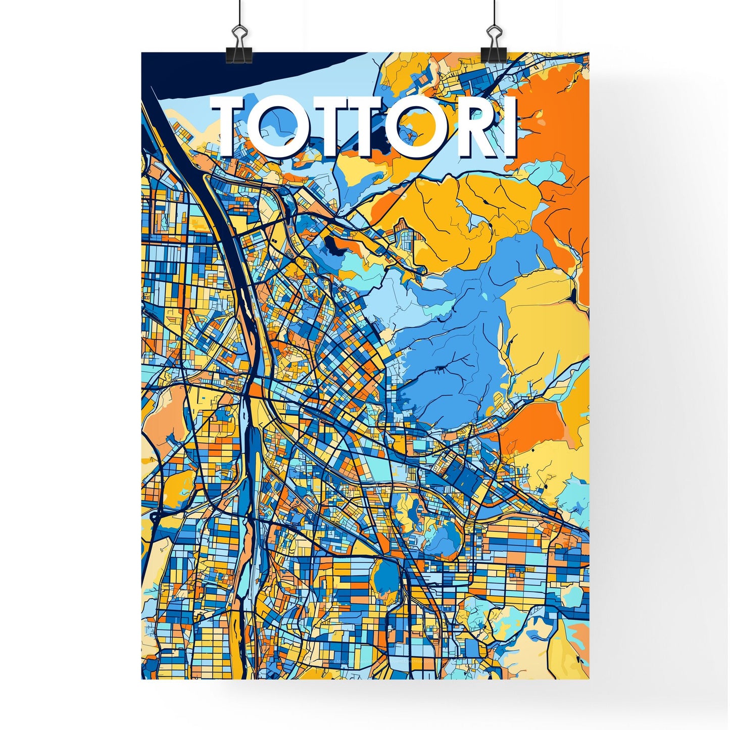 TOTTORI JAPAN Vibrant Colorful Art Map Poster Blue Orange