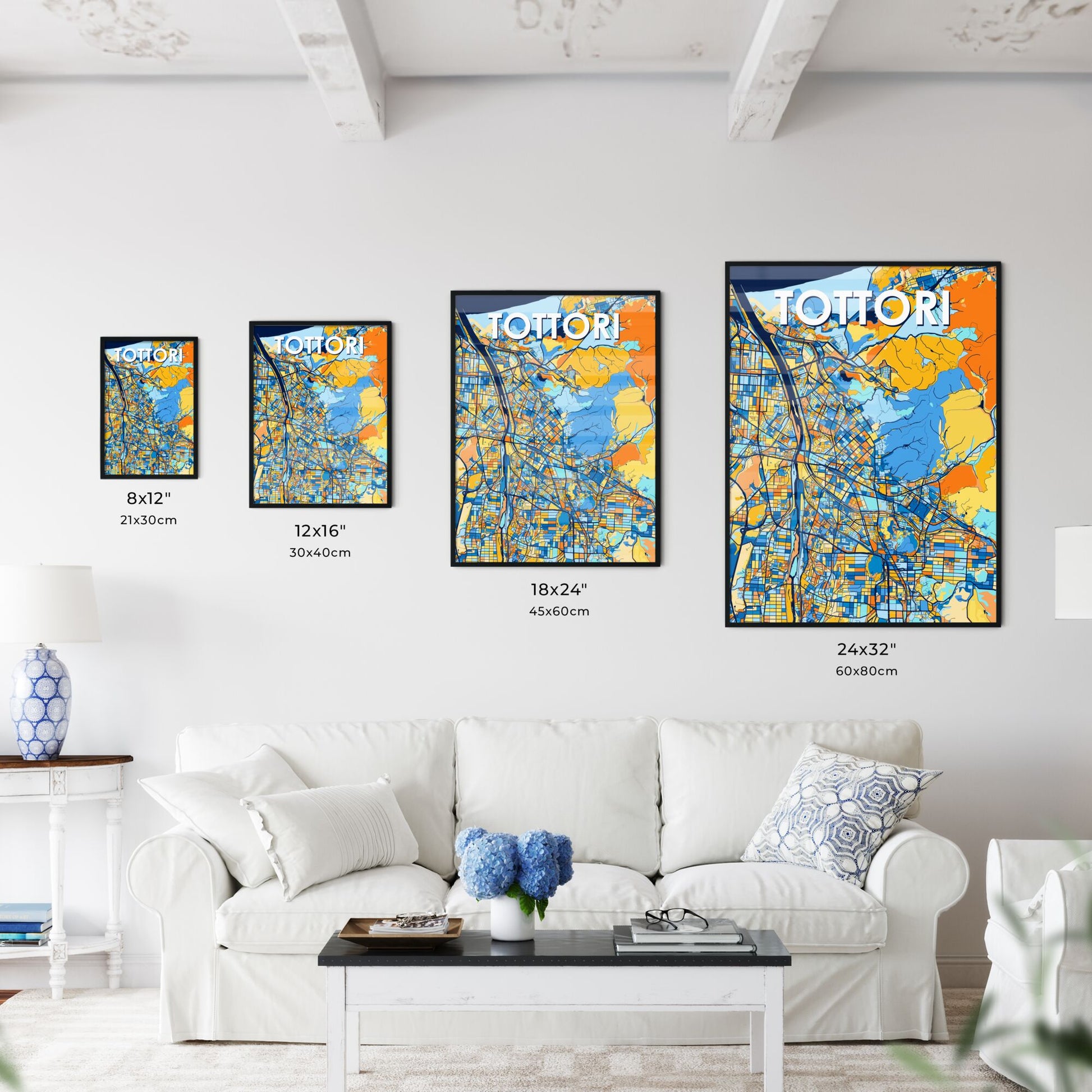 TOTTORI JAPAN Vibrant Colorful Art Map Poster Blue Orange