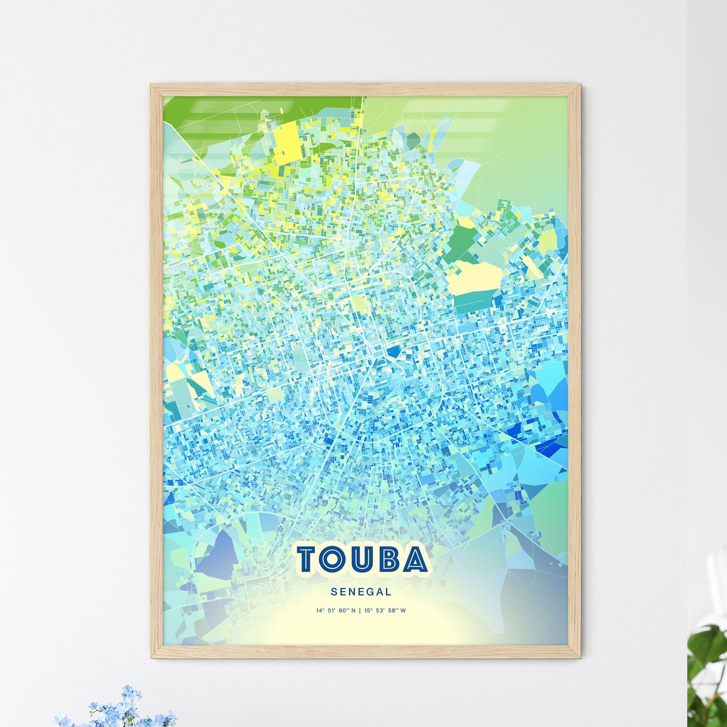 Colorful Touba Senegal Fine Art Map Cool Blue