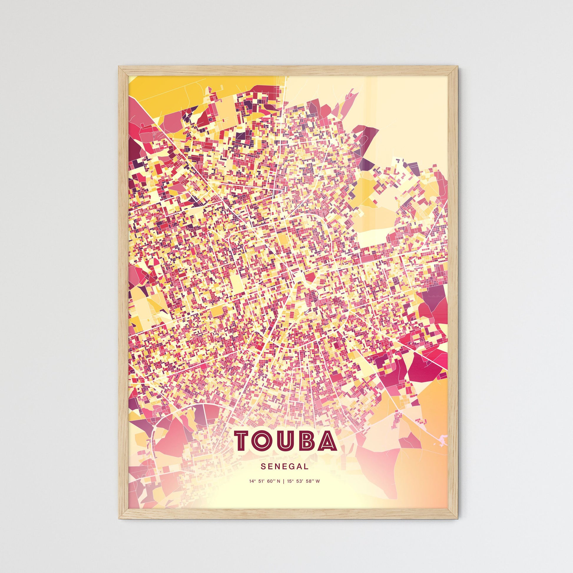 Colorful Touba Senegal Fine Art Map Hot Red