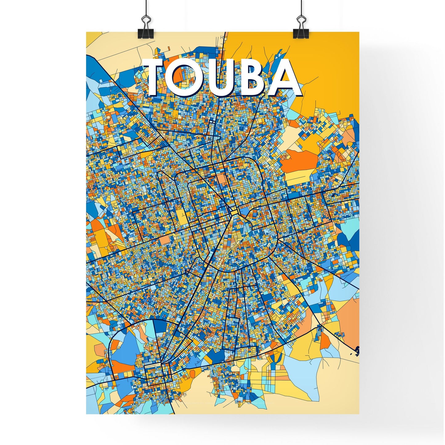 TOUBA SENEGAL Vibrant Colorful Art Map Poster Blue Orange