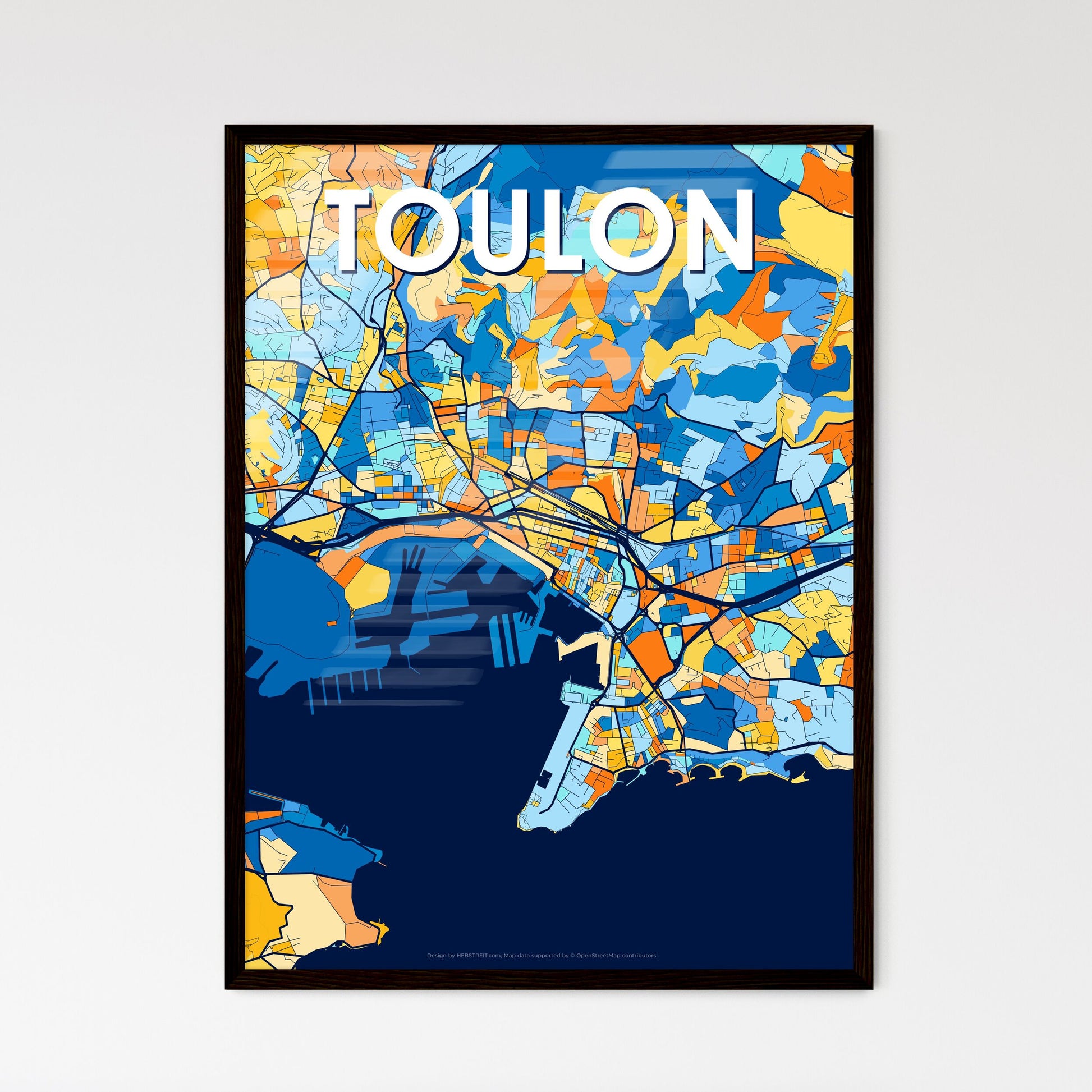 TOULON FRANCE Vibrant Colorful Art Map Poster Blue Orange