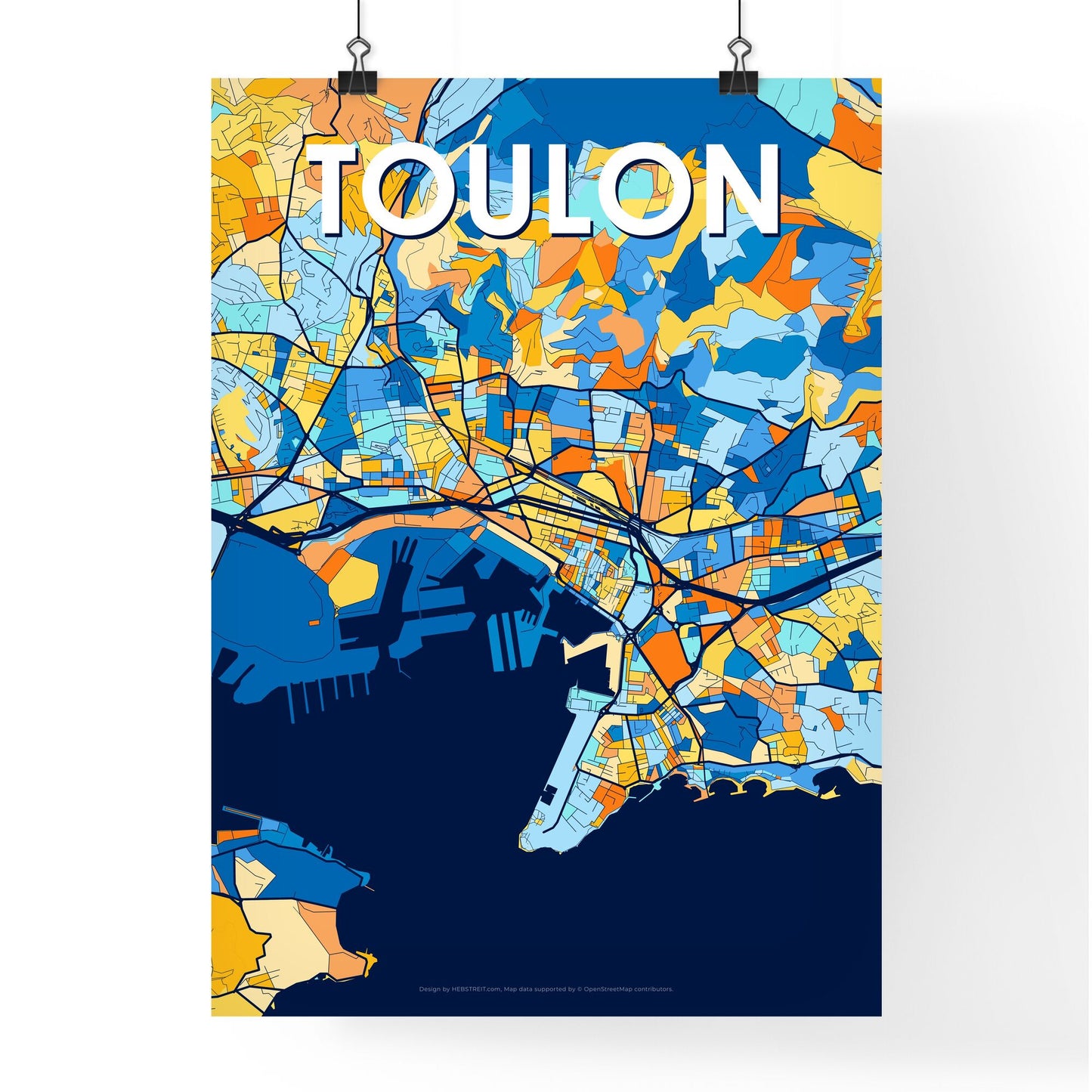 TOULON FRANCE Vibrant Colorful Art Map Poster Blue Orange