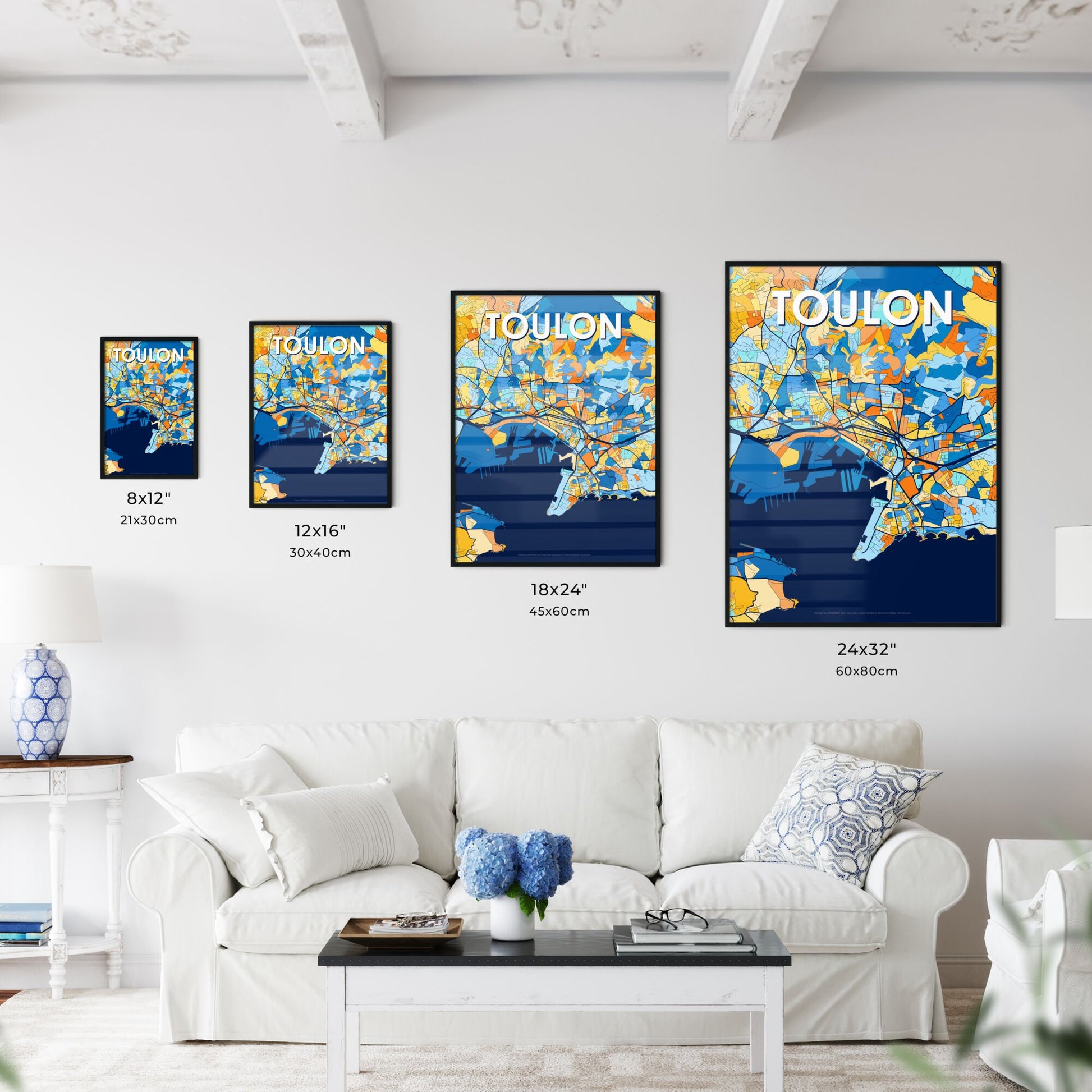 TOULON FRANCE Vibrant Colorful Art Map Poster Blue Orange