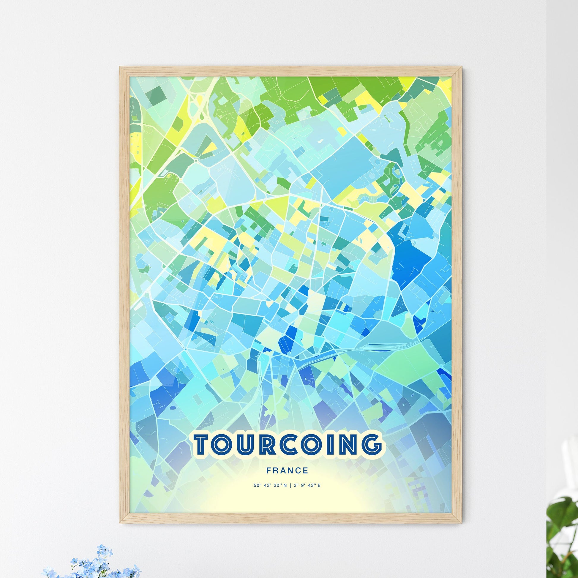 Colorful Tourcoing France Fine Art Map Cool Blue