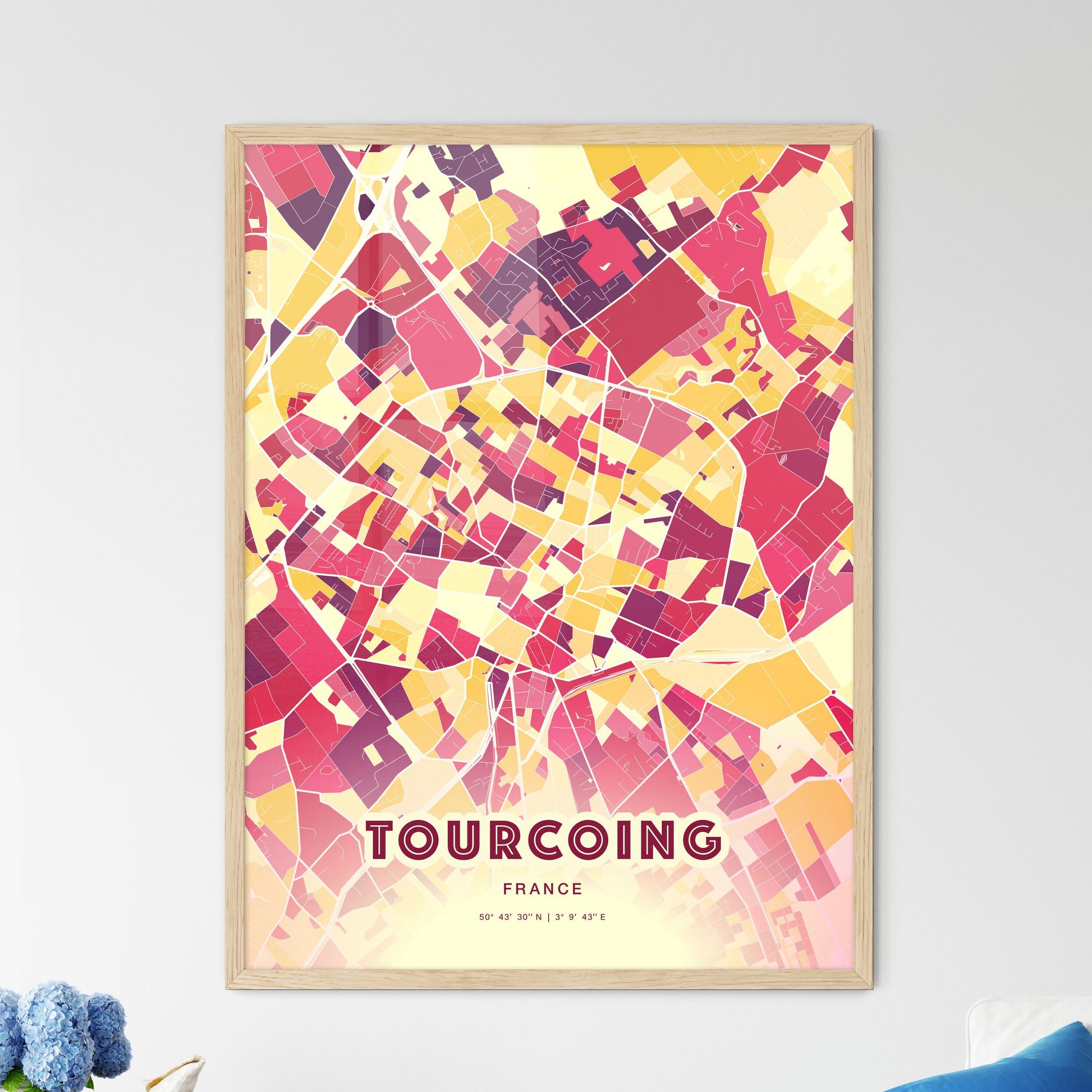 Colorful Tourcoing France Fine Art Map Hot Red