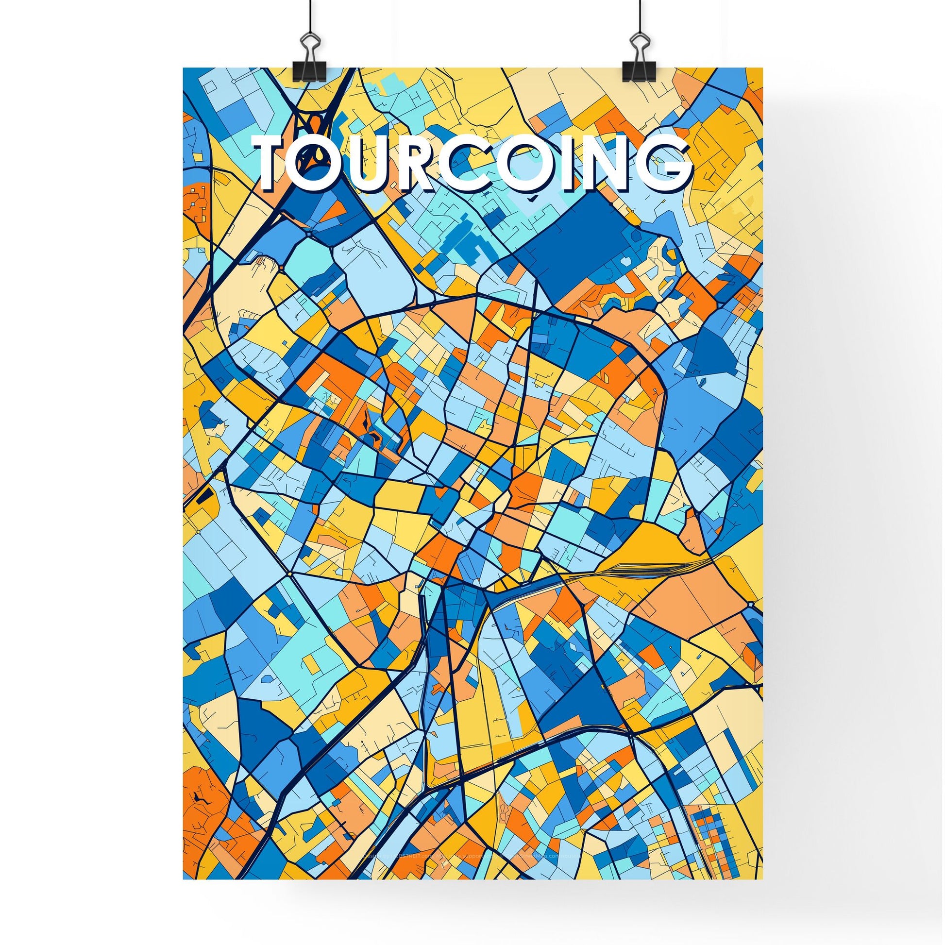 TOURCOING FRANCE Vibrant Colorful Art Map Poster Blue Orange