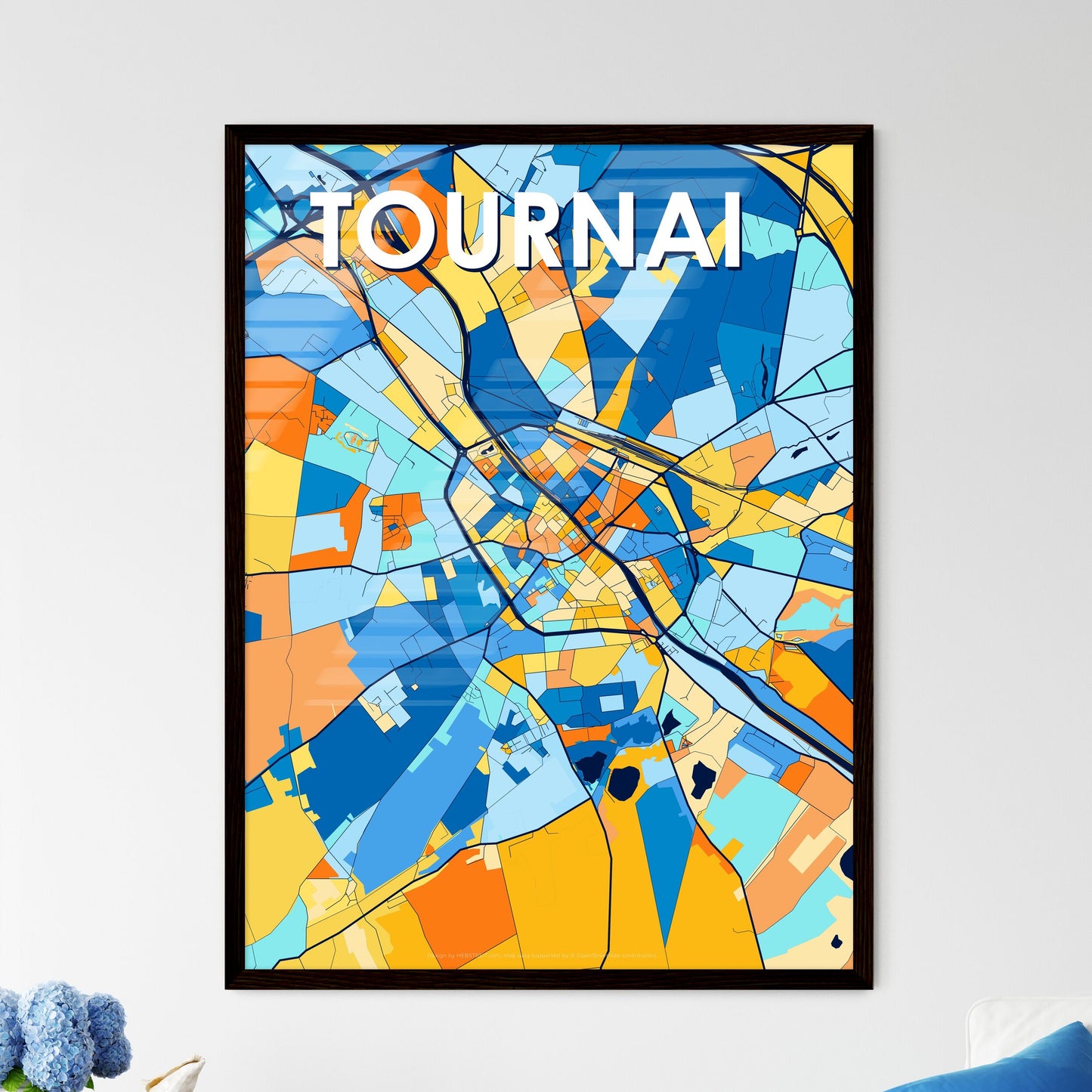 TOURNAI BELGIUM Vibrant Colorful Art Map Poster Blue Orange