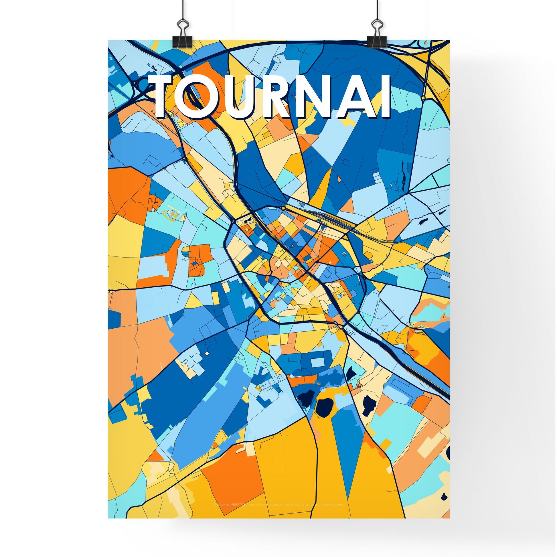 TOURNAI BELGIUM Vibrant Colorful Art Map Poster Blue Orange