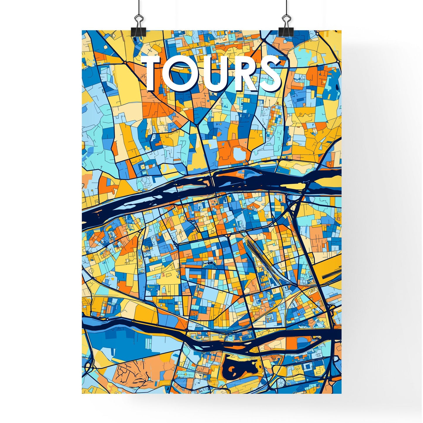 TOURS FRANCE Vibrant Colorful Art Map Poster Blue Orange