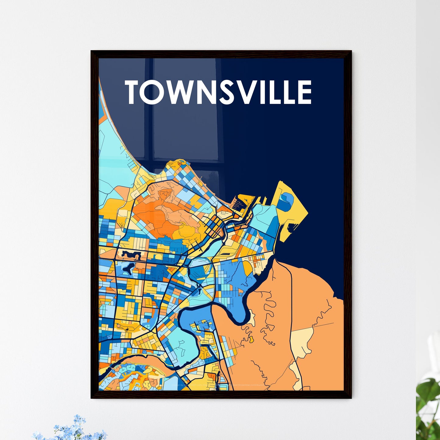 TOWNSVILLE AUSTRALIA Vibrant Colorful Art Map Poster Blue Orange