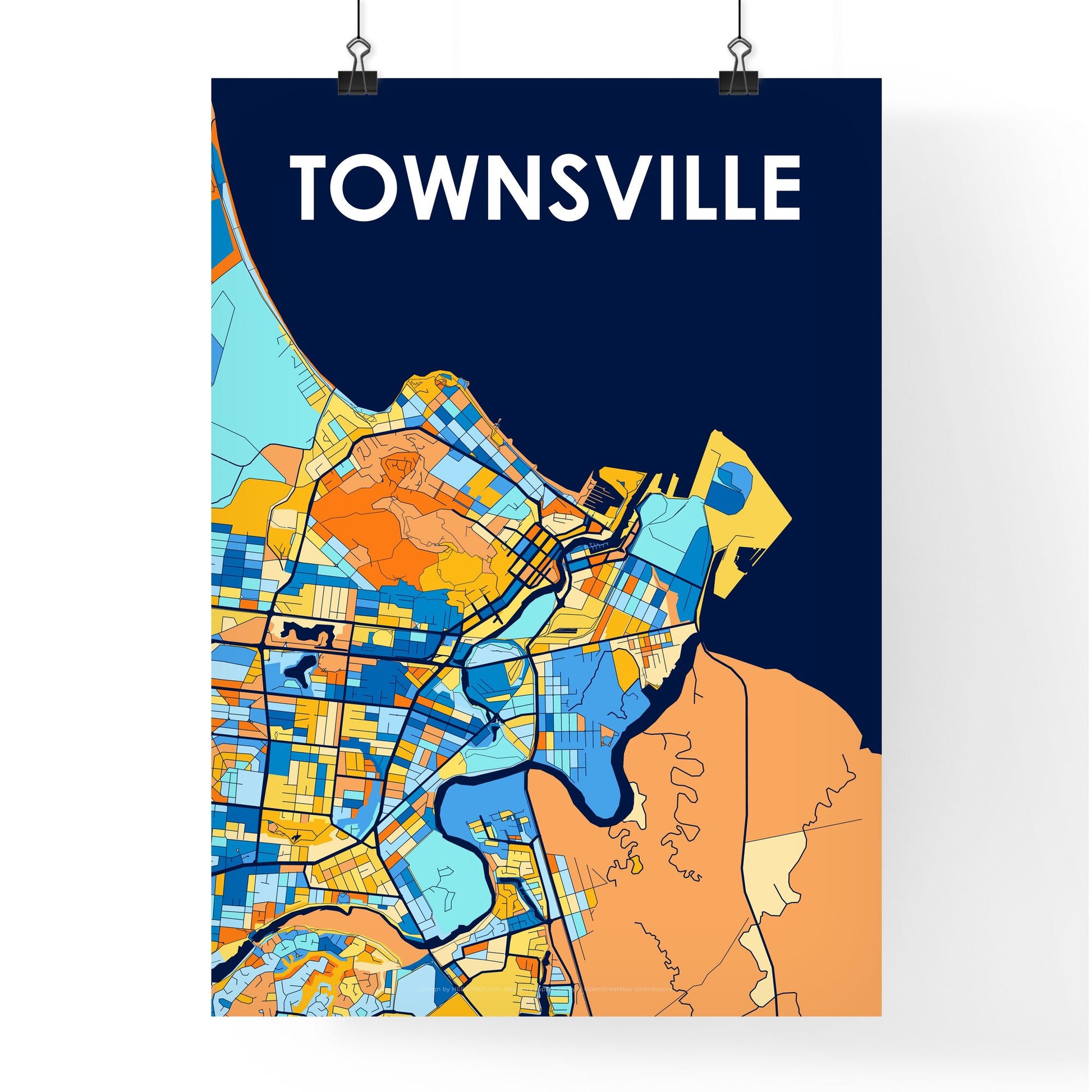 TOWNSVILLE AUSTRALIA Vibrant Colorful Art Map Poster Blue Orange