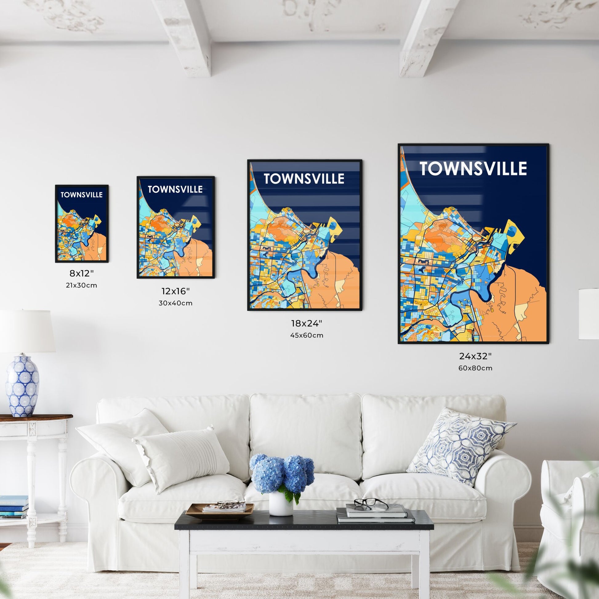 TOWNSVILLE AUSTRALIA Vibrant Colorful Art Map Poster Blue Orange