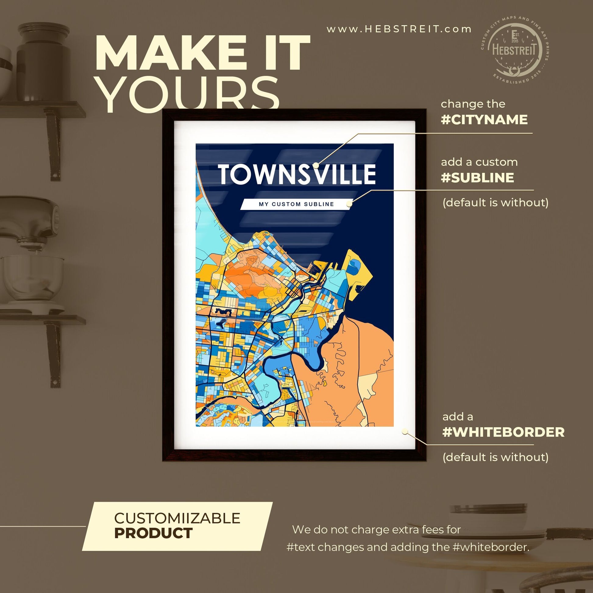 TOWNSVILLE AUSTRALIA Vibrant Colorful Art Map Poster Blue Orange