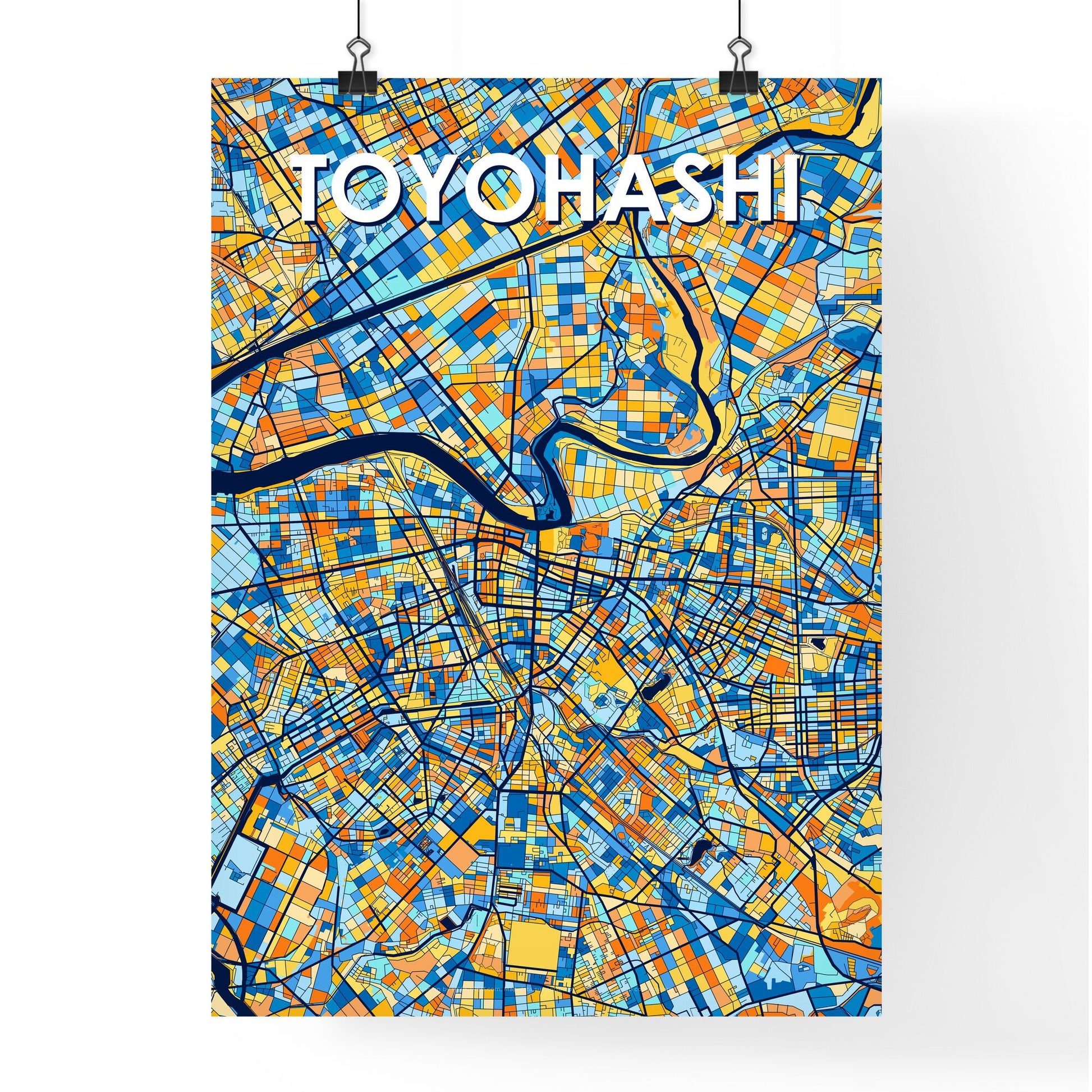 TOYOHASHI JAPAN Vibrant Colorful Art Map Poster Blue Orange