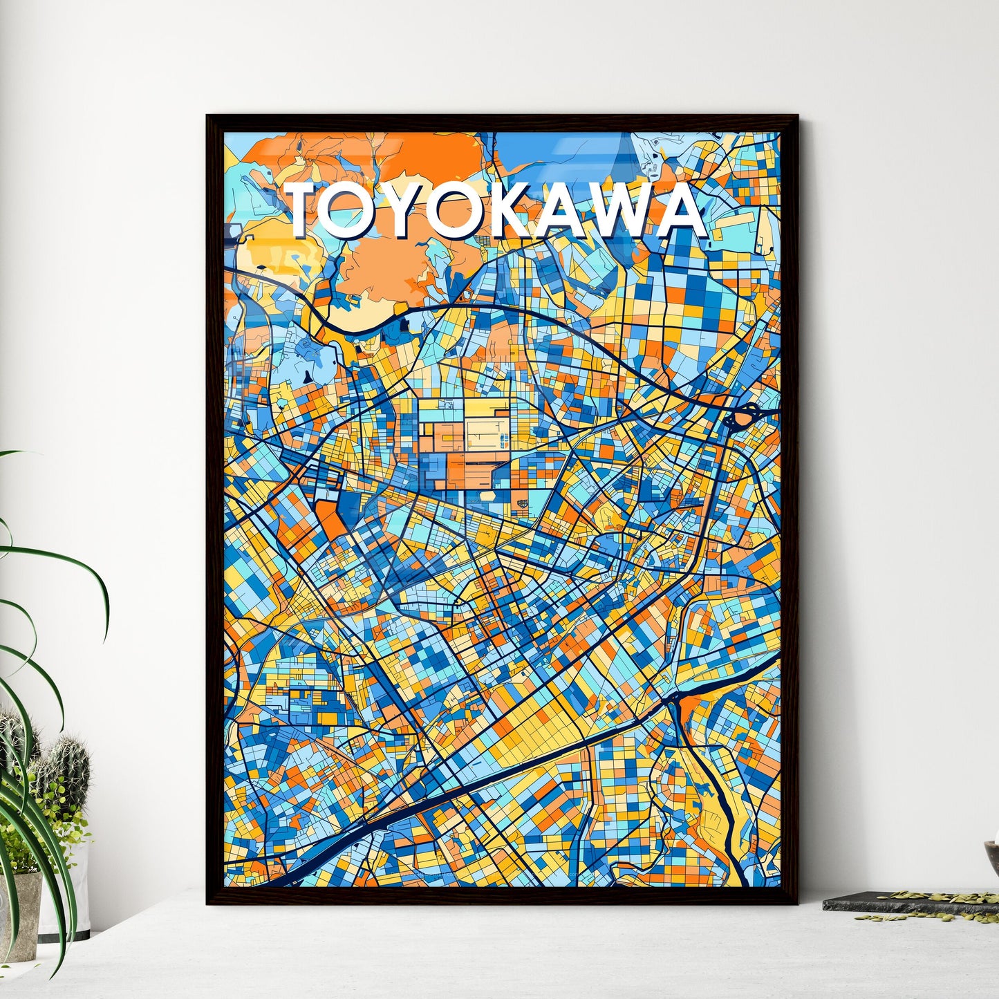 TOYOKAWA JAPAN Vibrant Colorful Art Map Poster Blue Orange