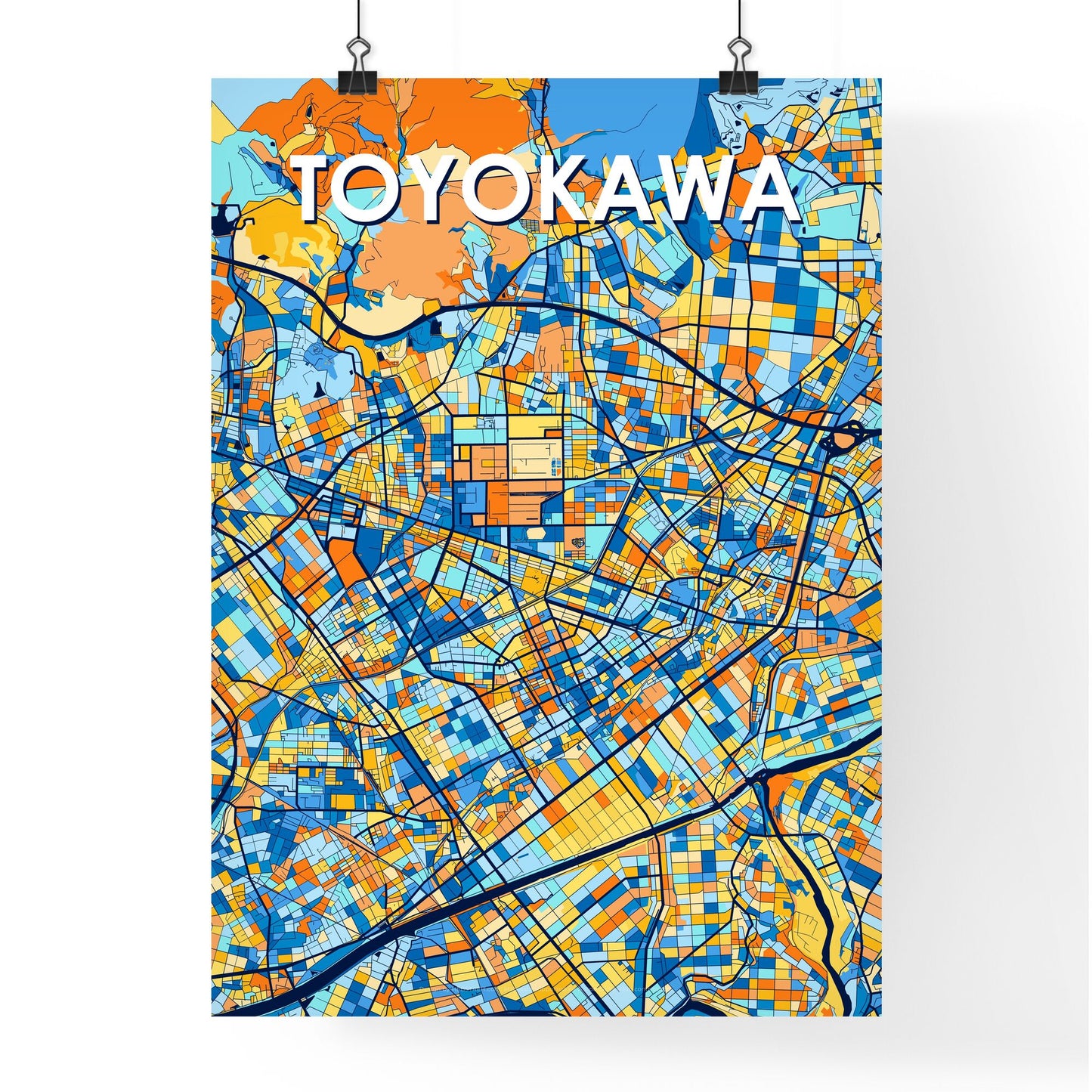 TOYOKAWA JAPAN Vibrant Colorful Art Map Poster Blue Orange