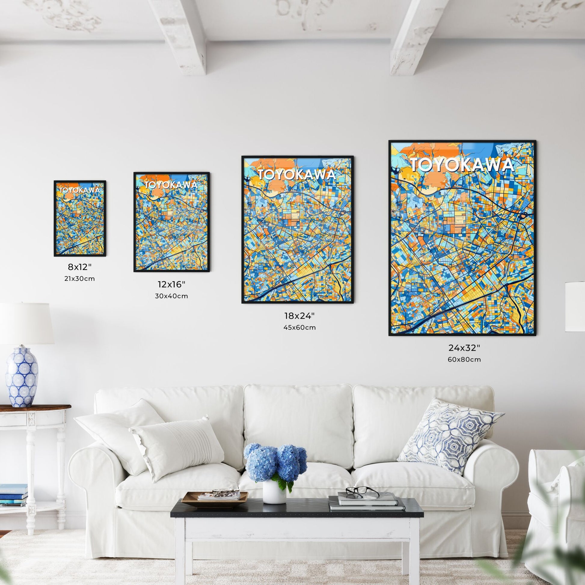 TOYOKAWA JAPAN Vibrant Colorful Art Map Poster Blue Orange