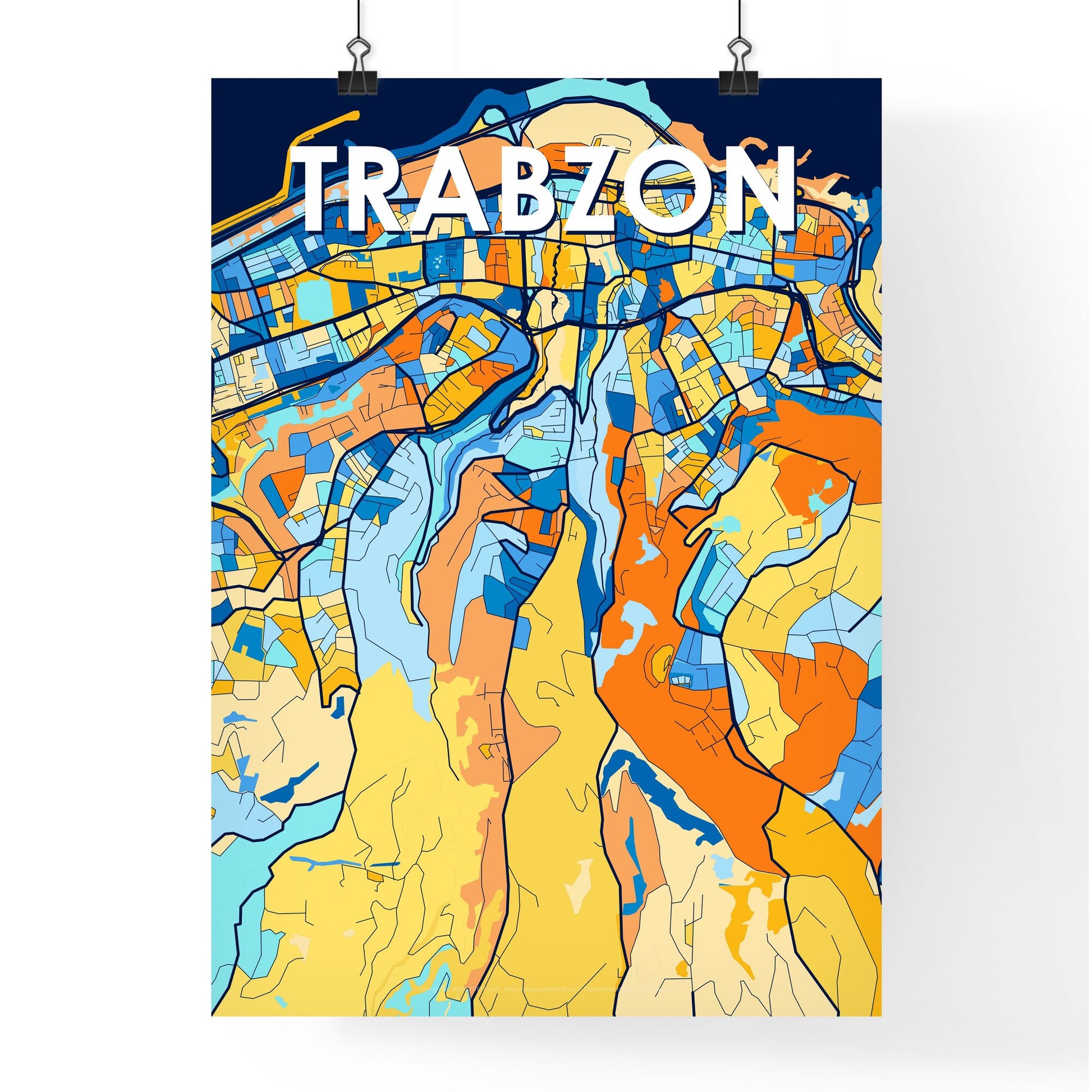 TRABZON TURKEY Vibrant Colorful Art Map Poster Blue Orange