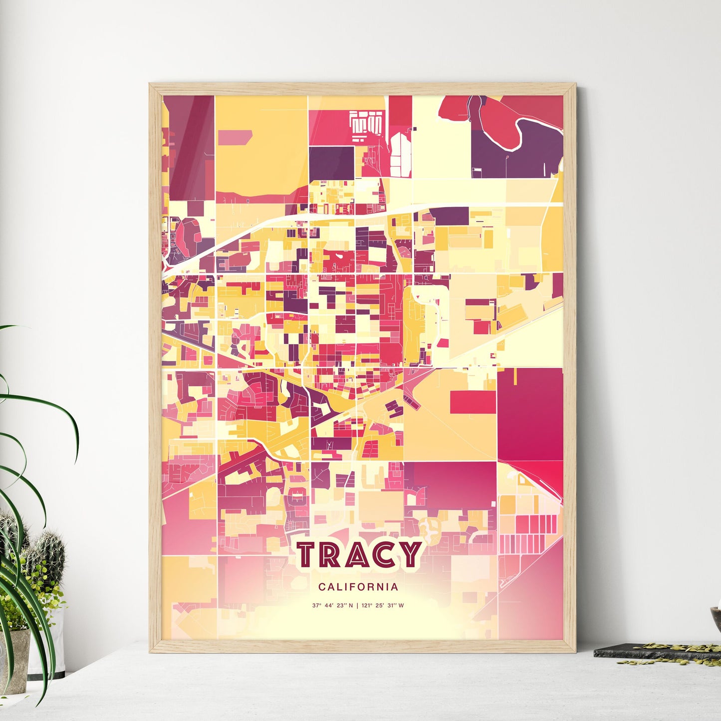 Colorful Tracy California Fine Art Map Hot Red