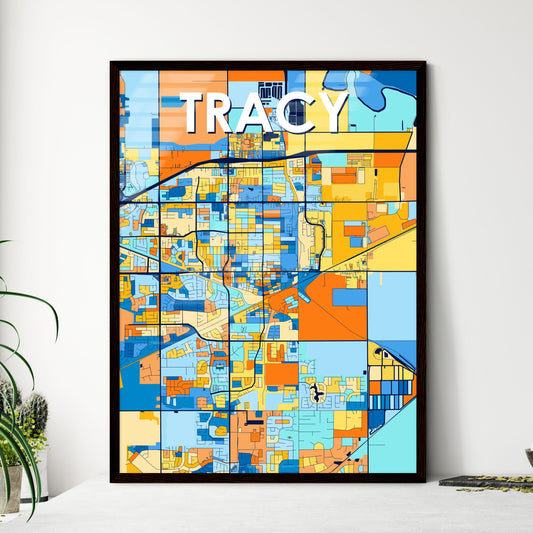 TRACY CALIFORNIA Vibrant Colorful Art Map Poster Blue Orange