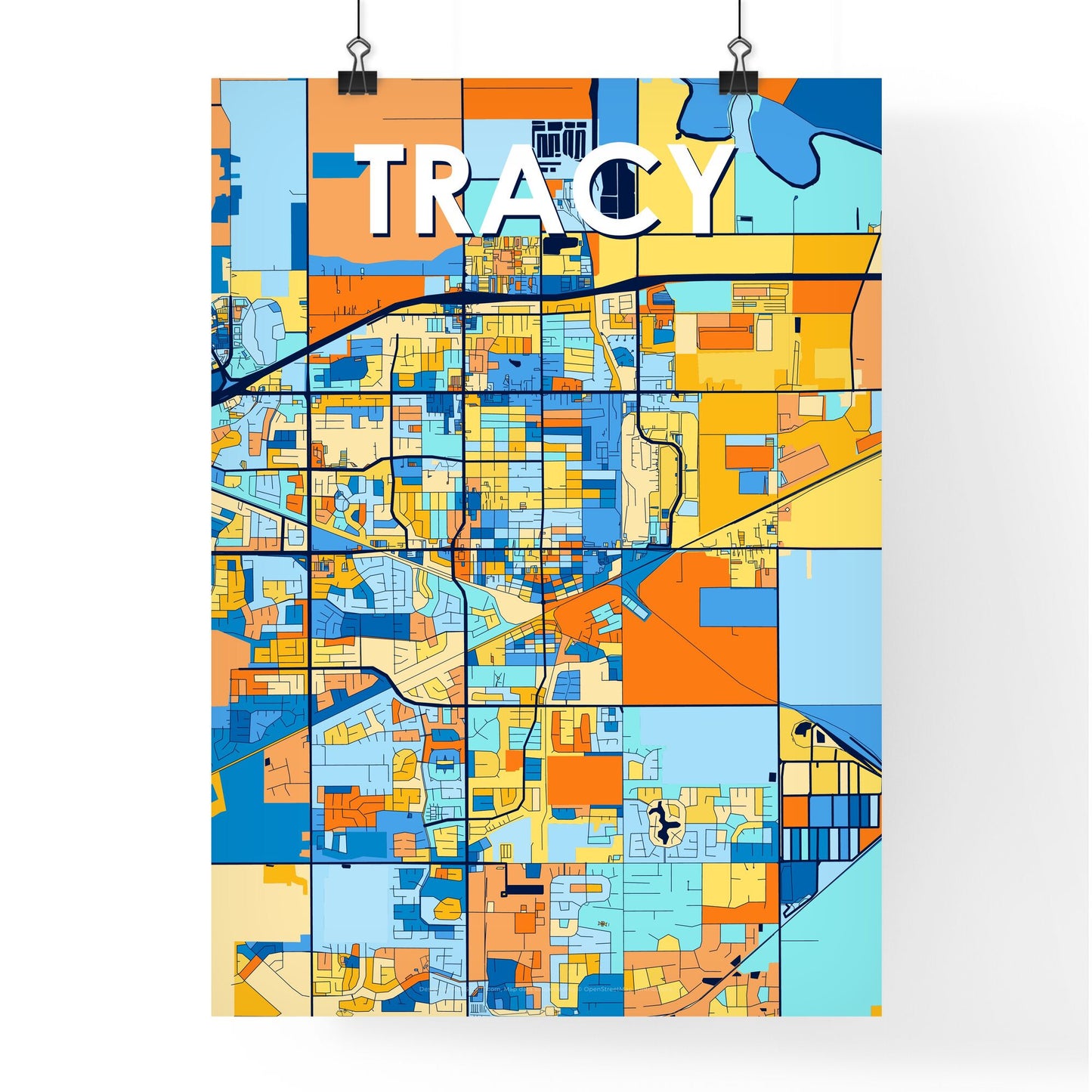 TRACY CALIFORNIA Vibrant Colorful Art Map Poster Blue Orange