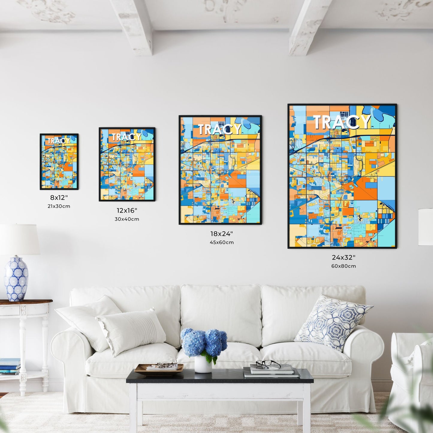 TRACY CALIFORNIA Vibrant Colorful Art Map Poster Blue Orange