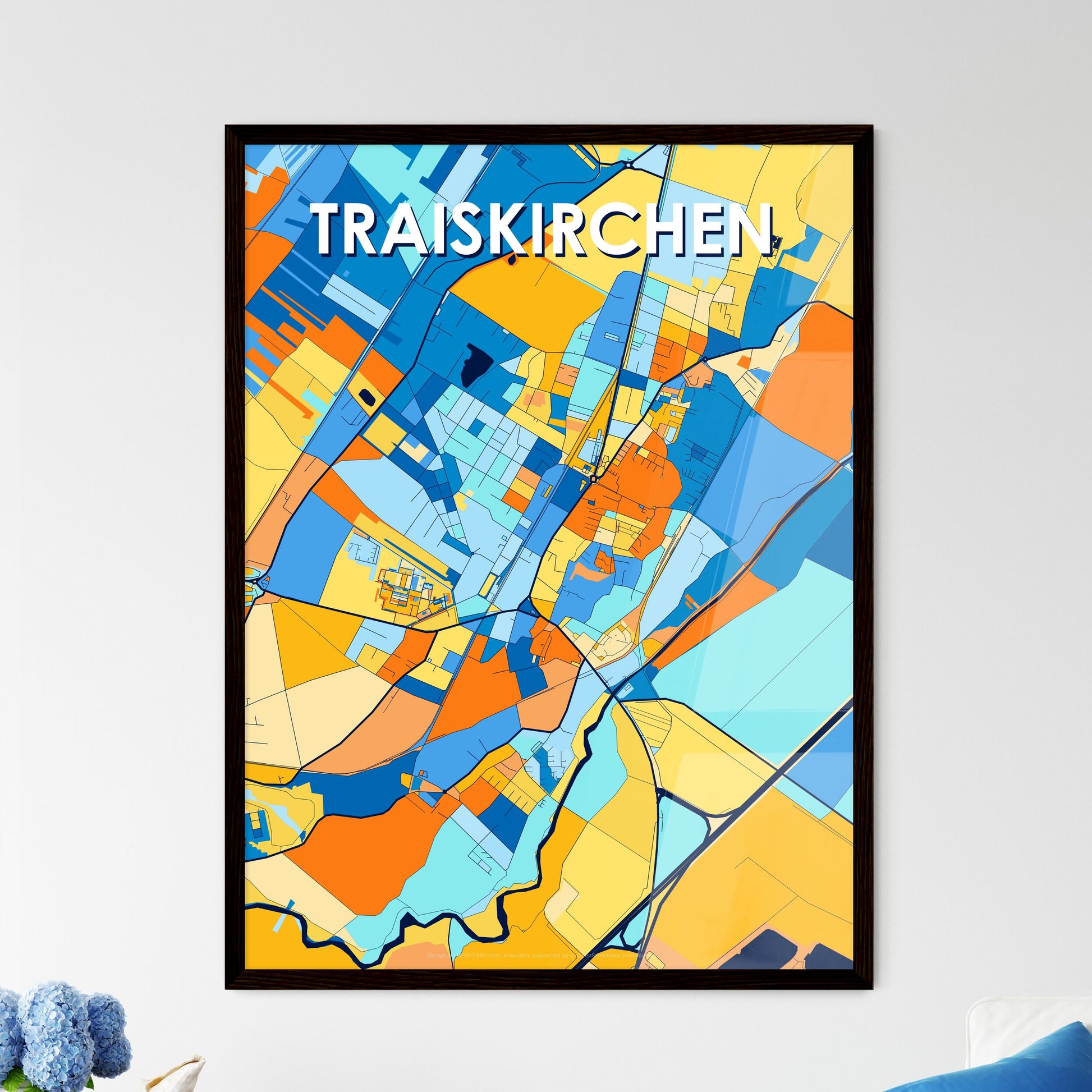 TRAISKIRCHEN AUSTRIA Vibrant Colorful Art Map Poster Blue Orange