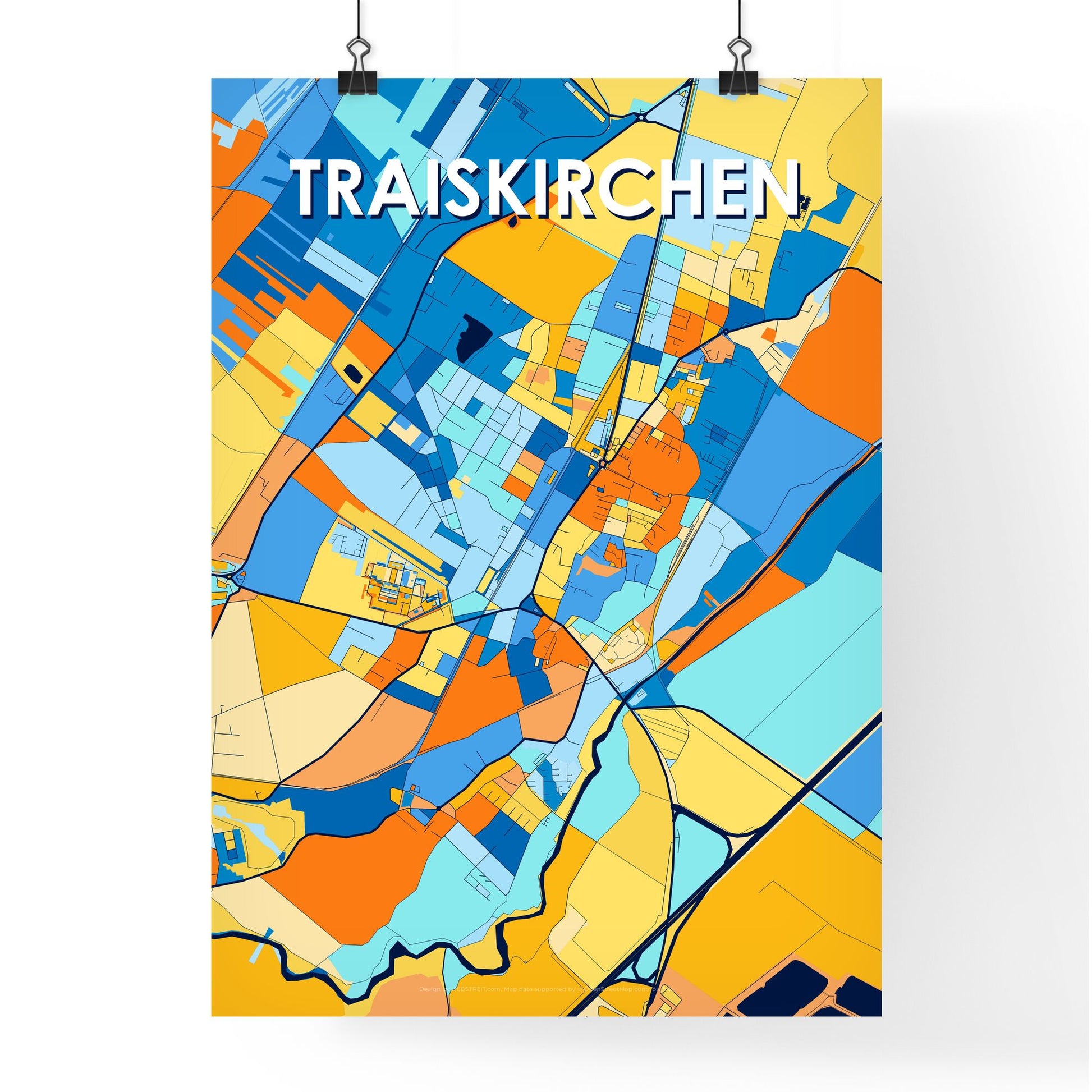 TRAISKIRCHEN AUSTRIA Vibrant Colorful Art Map Poster Blue Orange