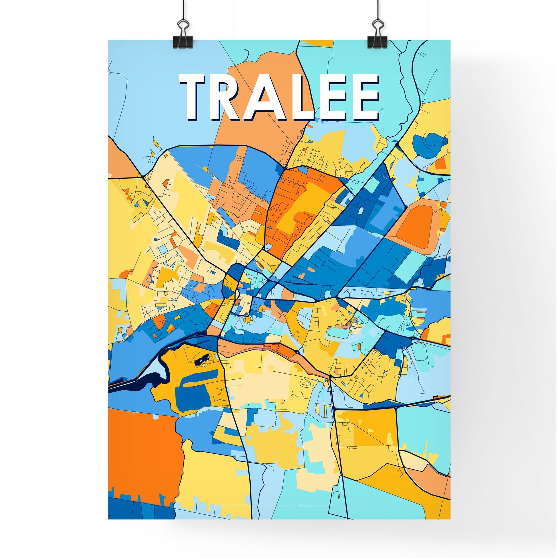 TRALEE IRELAND Vibrant Colorful Art Map Poster Blue Orange