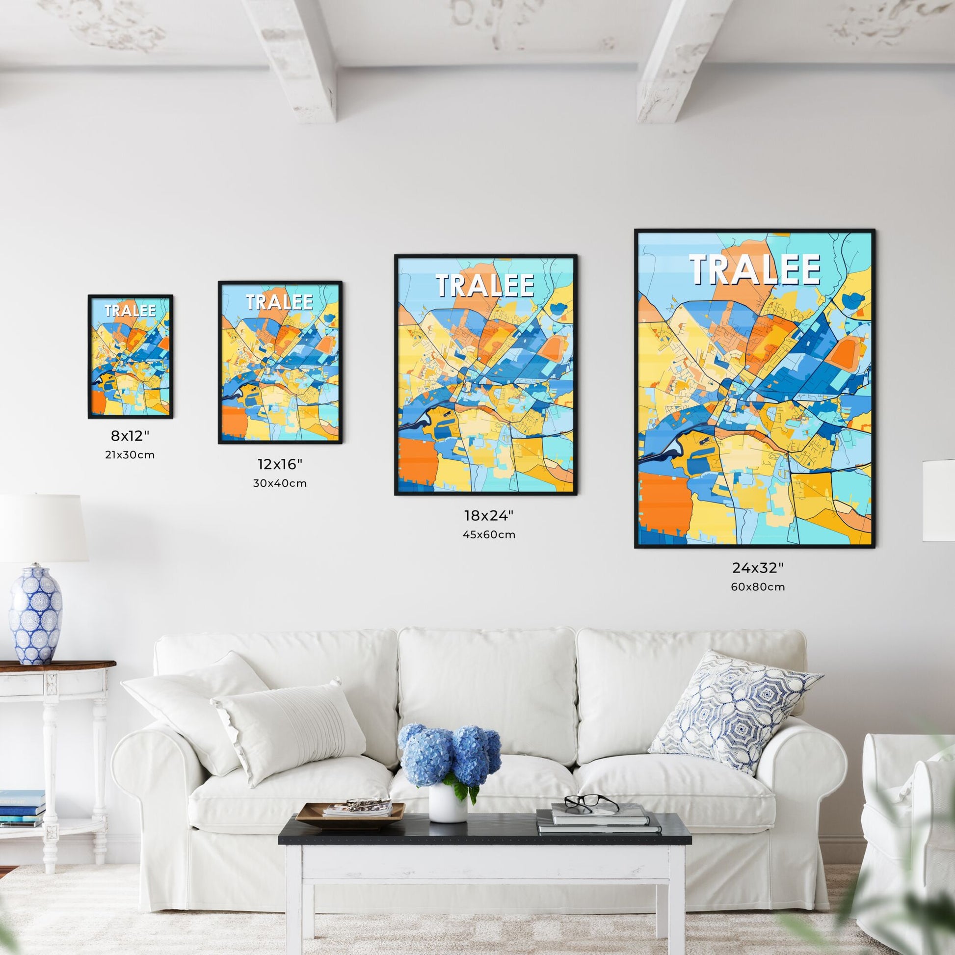 TRALEE IRELAND Vibrant Colorful Art Map Poster Blue Orange