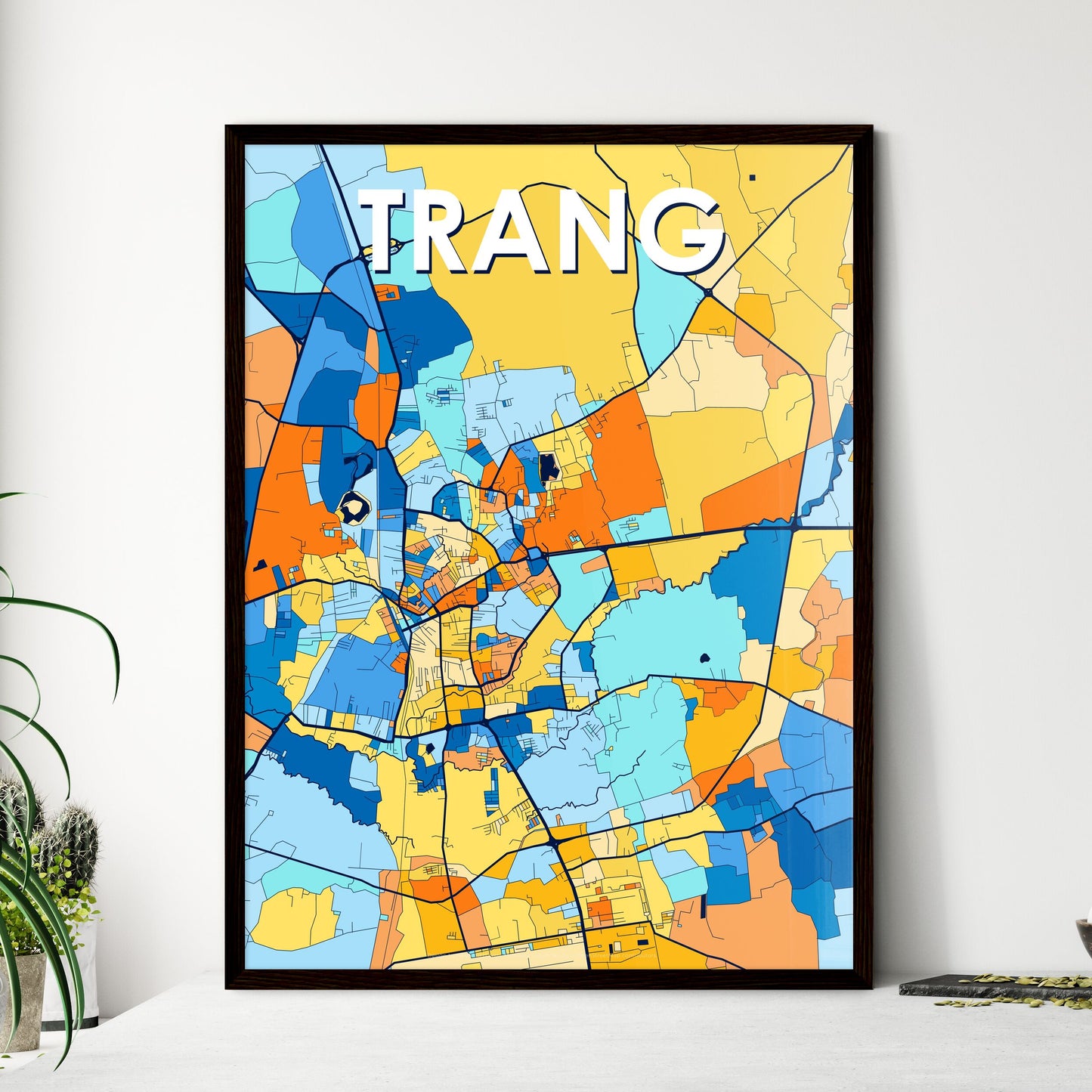 TRANG THAILAND Vibrant Colorful Art Map Poster Blue Orange