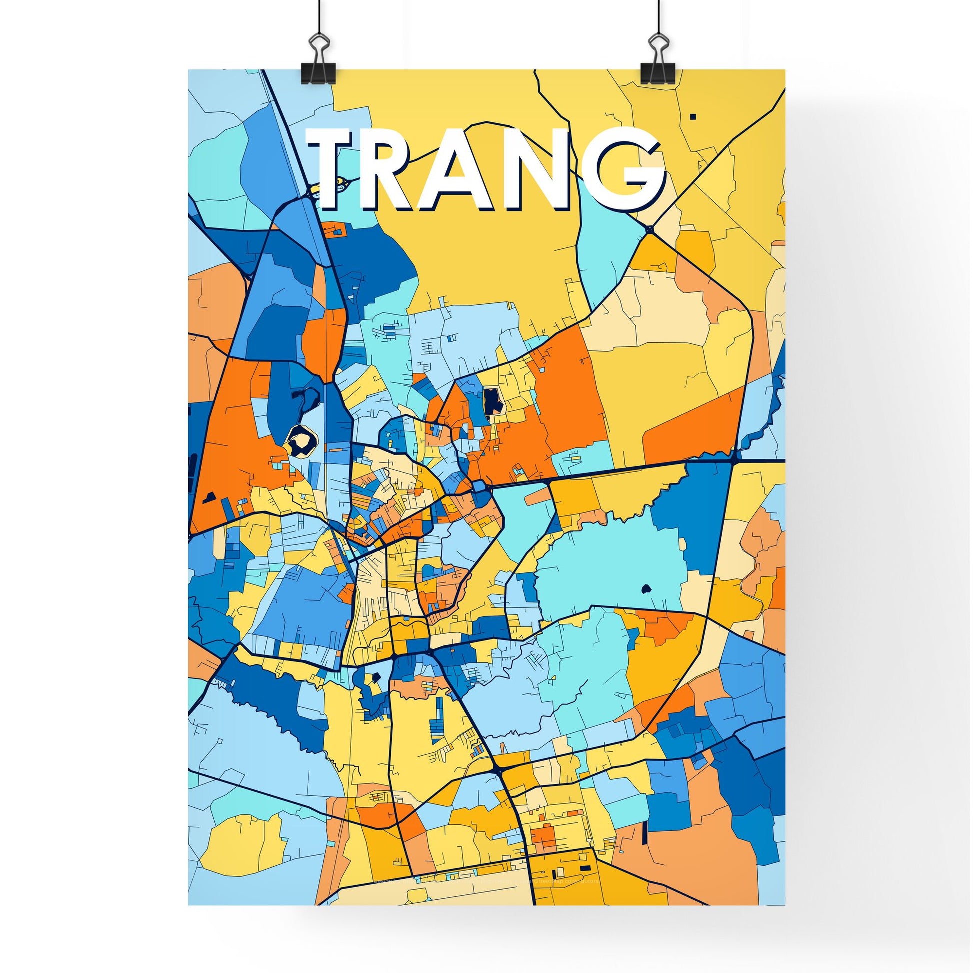 TRANG THAILAND Vibrant Colorful Art Map Poster Blue Orange