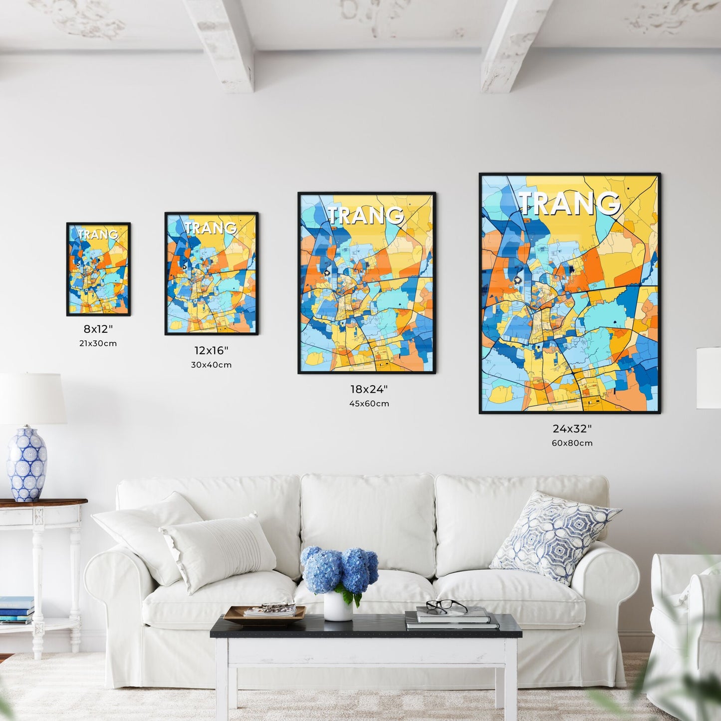 TRANG THAILAND Vibrant Colorful Art Map Poster Blue Orange