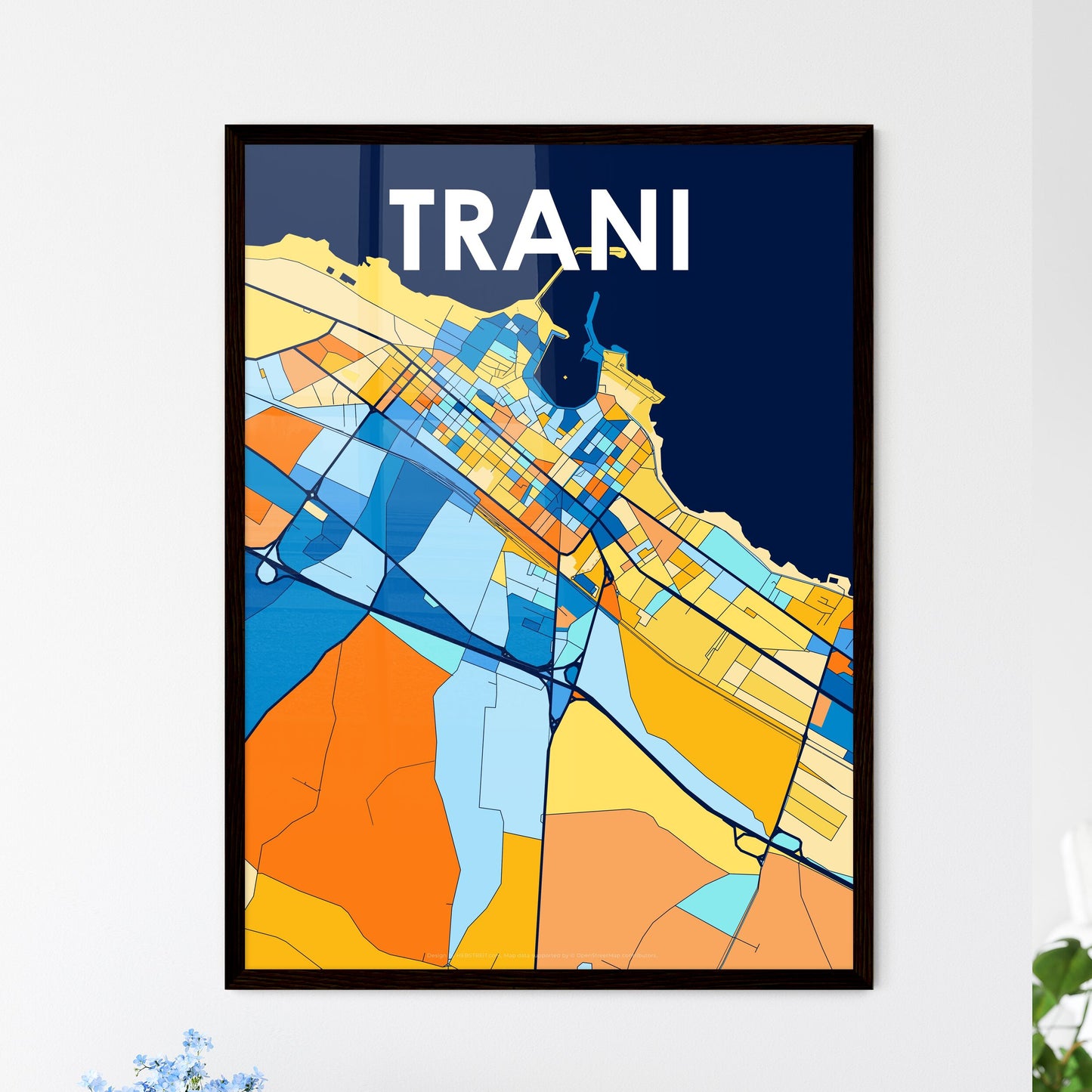 TRANI ITALY Vibrant Colorful Art Map Poster Blue Orange