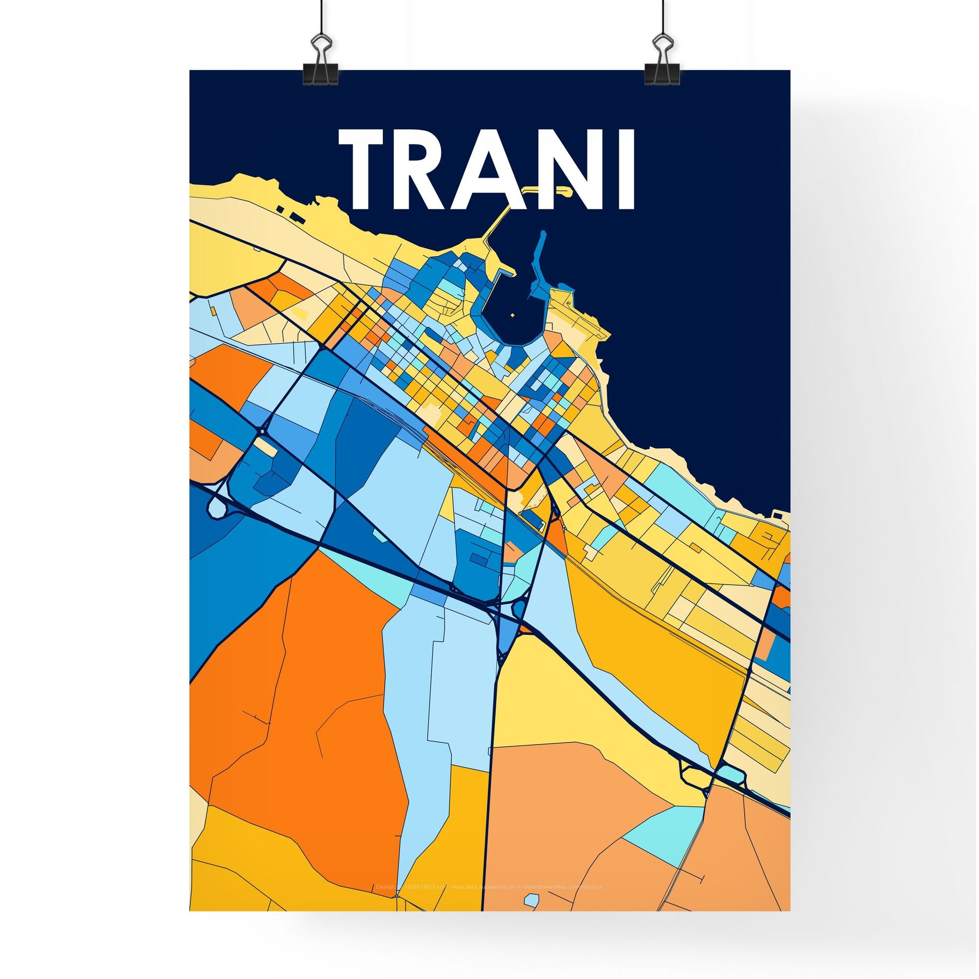 TRANI ITALY Vibrant Colorful Art Map Poster Blue Orange