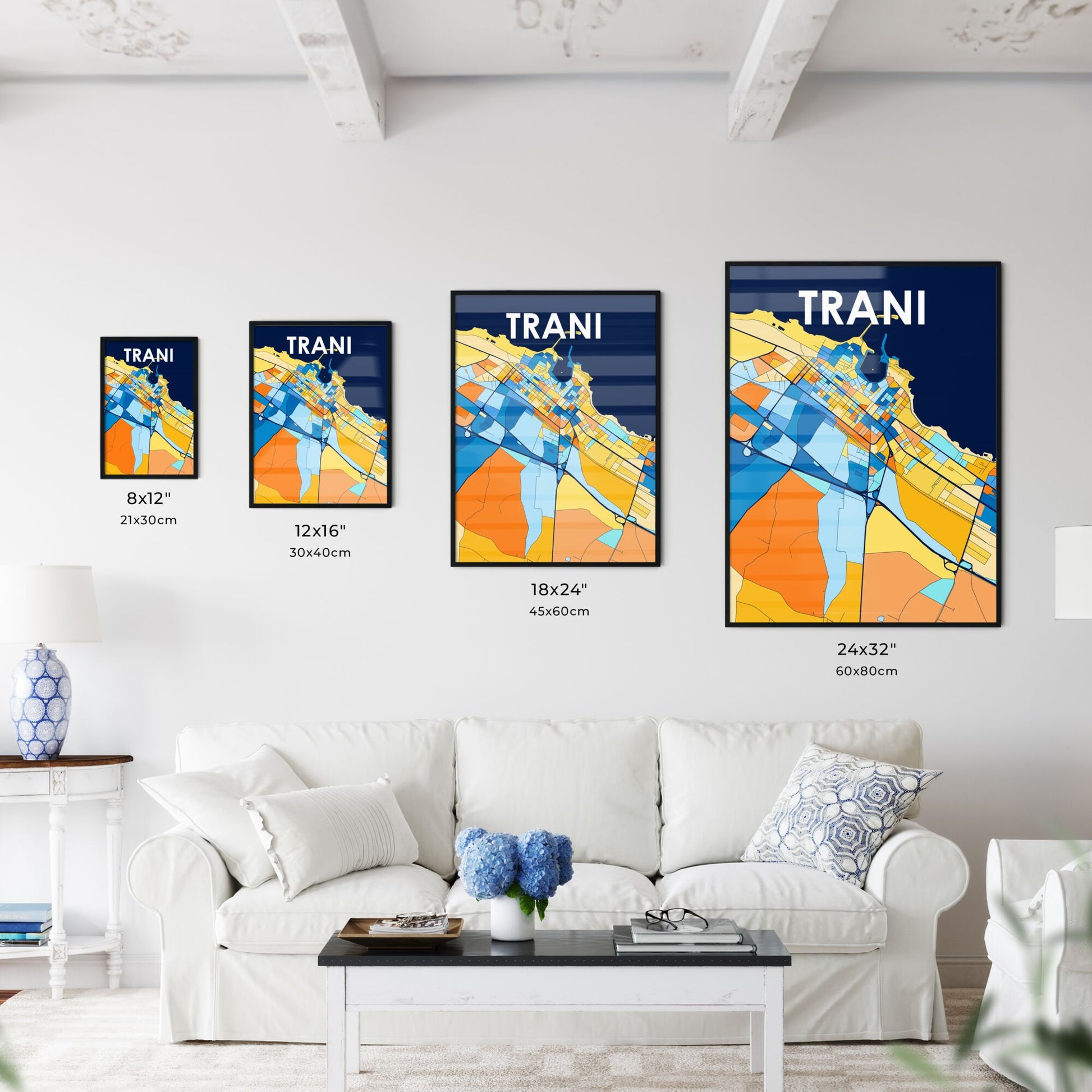 TRANI ITALY Vibrant Colorful Art Map Poster Blue Orange